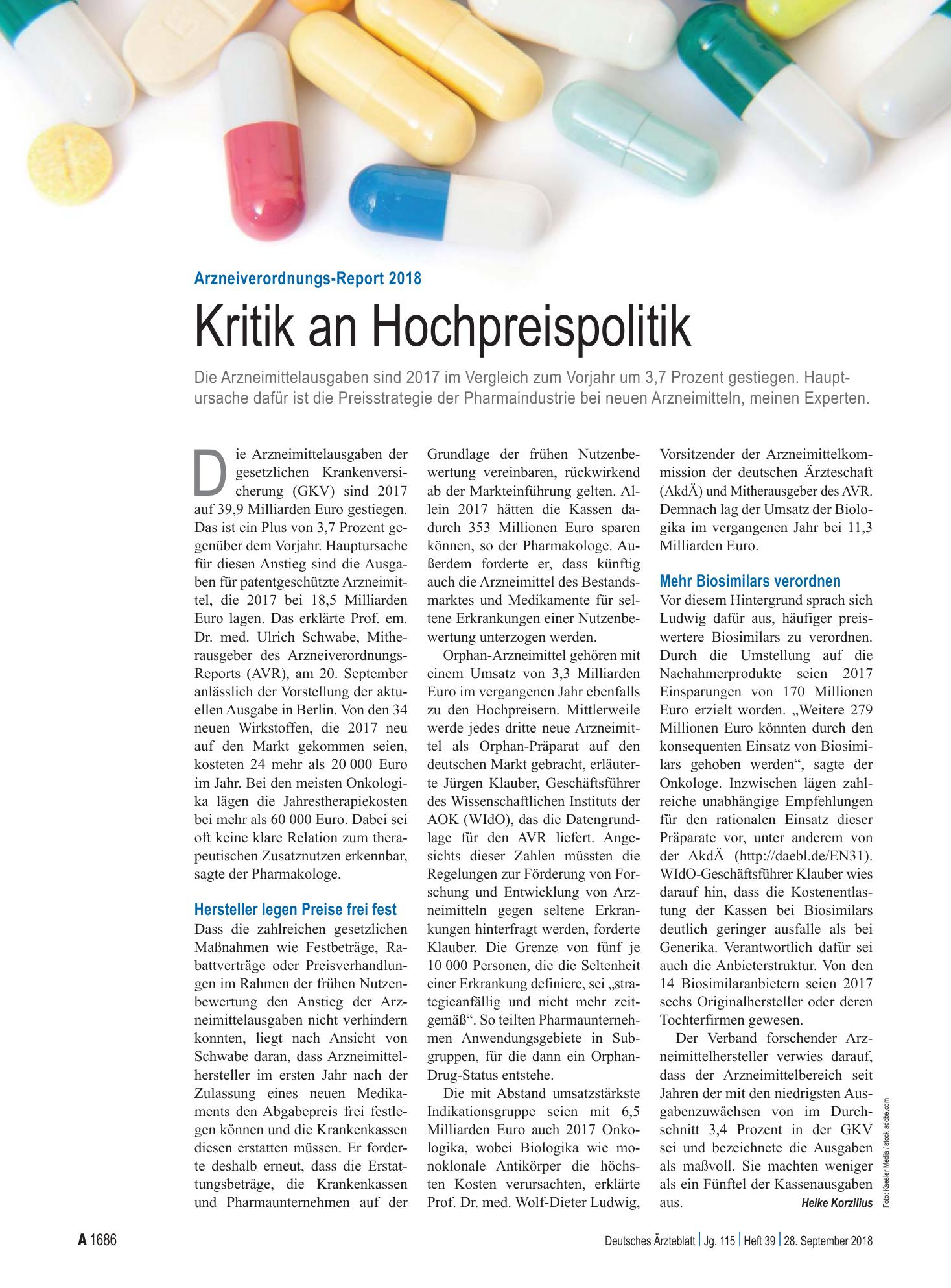 Vorschauseite 1: Arzneiverordnungs-Report 2018: Kritik an Hochpreispolitik – Deutsches Ärzteblatt