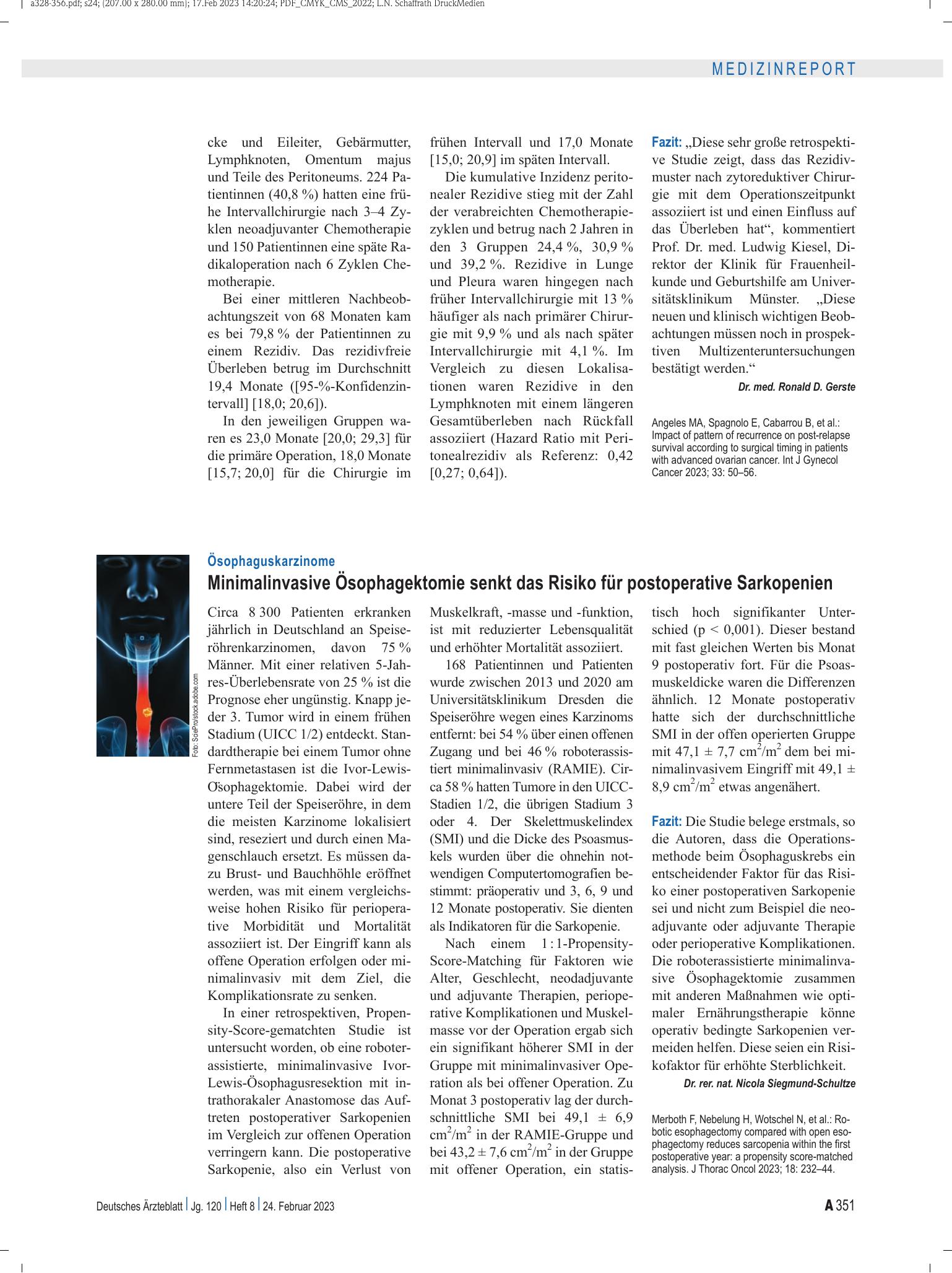 Vorschauseite 1: Ösophaguskarzinome: Minimalinvasive Ösophagektomie senkt das Risiko für postoperative Sarkopenien – Deutsches Ärzteblatt