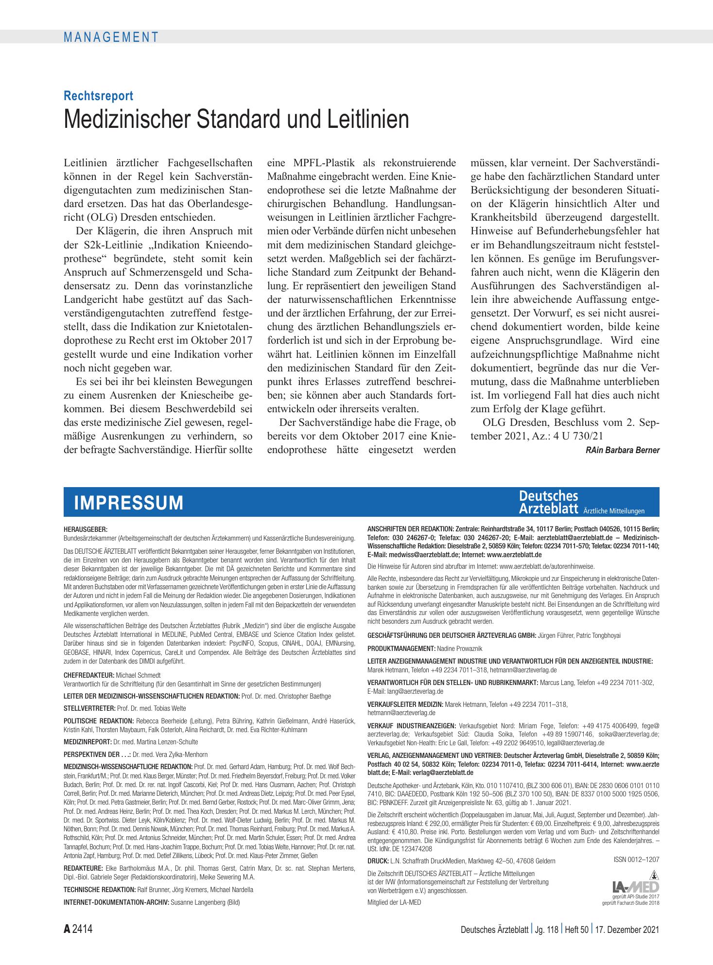 Vorschauseite 1: Rechtsreport: Medizinischer Standard und Leitlinien – Deutsches Ärzteblatt