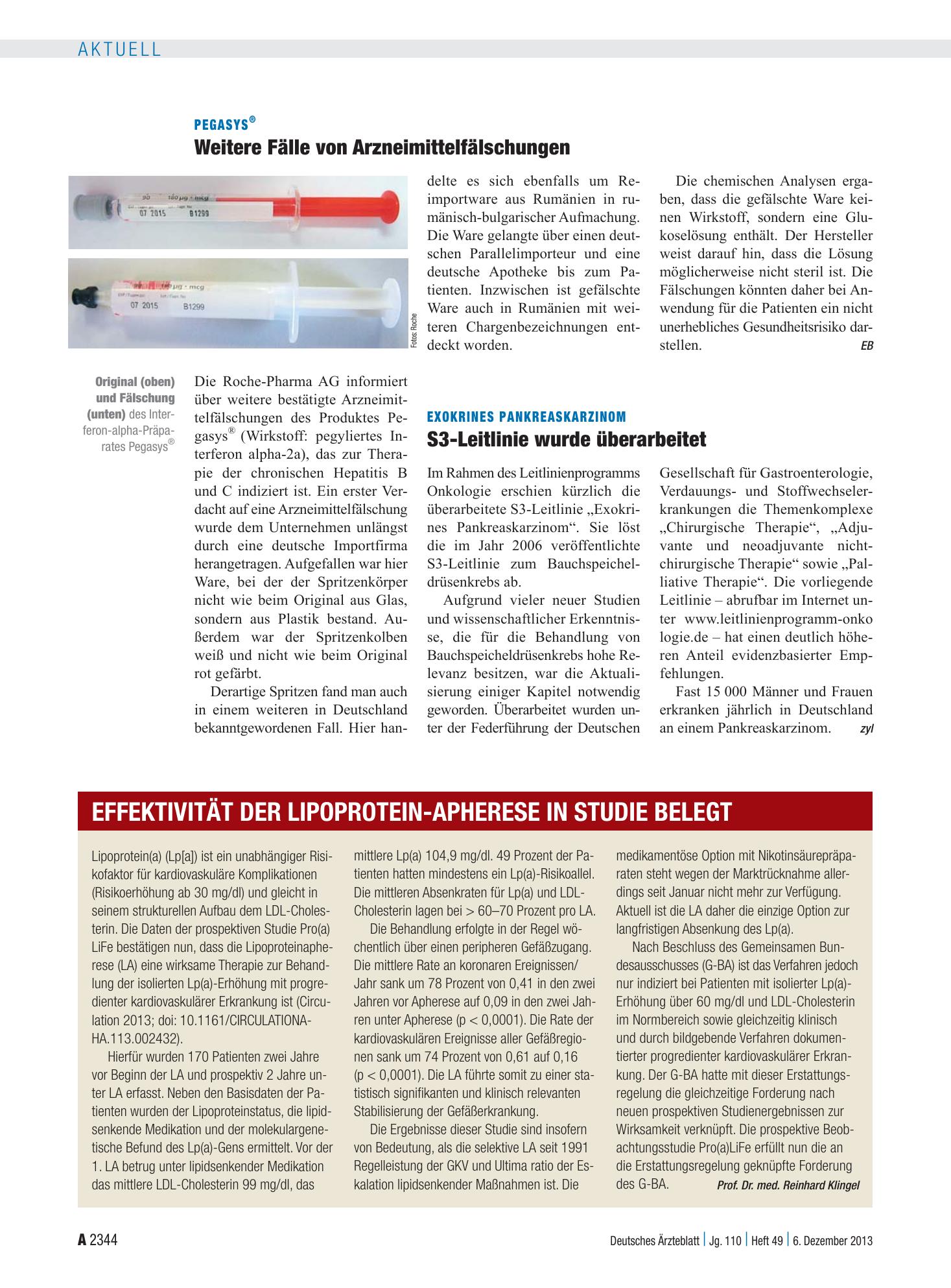 Vorschauseite 1: Effektivität der Lipoprotein-Apherese in Studie belegt – Deutsches Ärzteblatt
