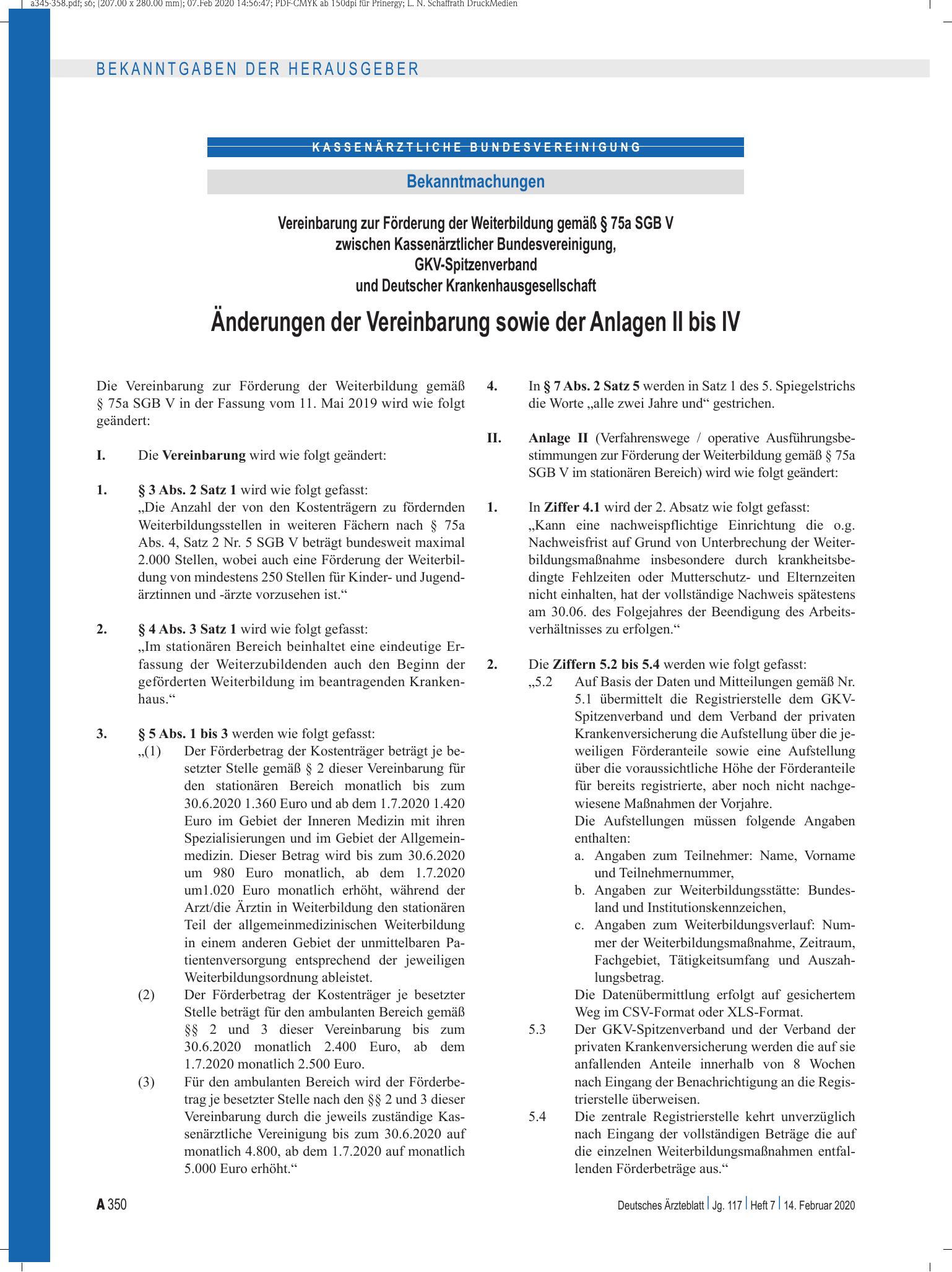 Vorschauseite 1: Vereinbarung zur Förderung der Weiterbildung gemäß § 75a SGB V zwischen Kassenärztlicher Bundesvereinigung, GKV-Spitzenverband und Deutscher Krankenhausgesellschaft Änderungen der…
