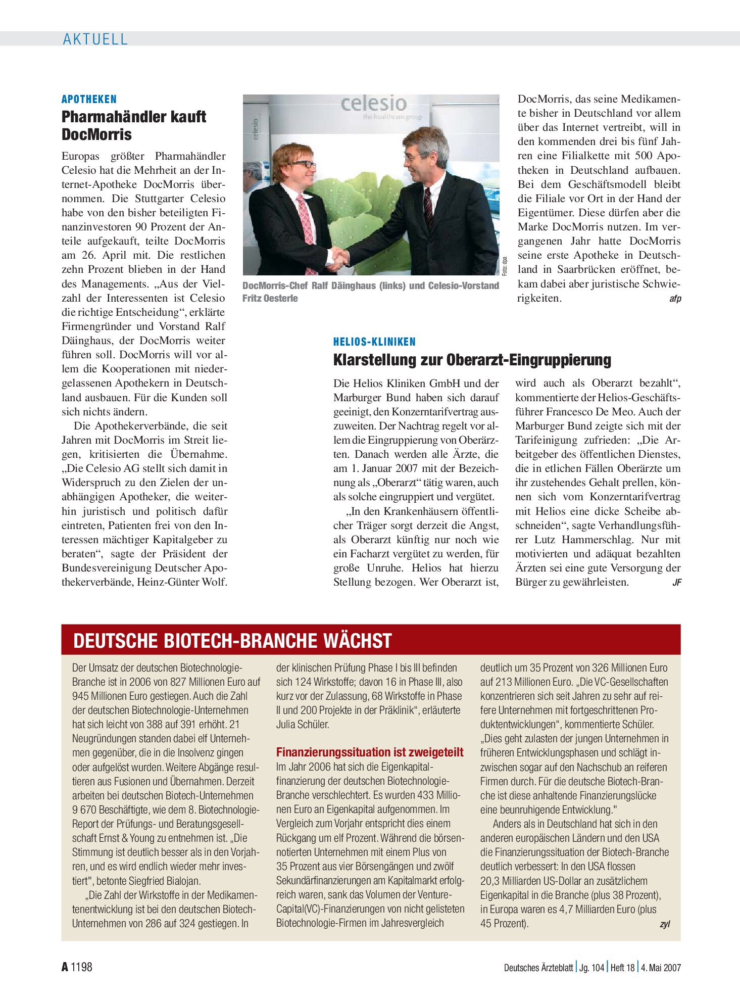 Vorschauseite 1: Deutsche Biotech-Branche wächst – Deutsches Ärzteblatt