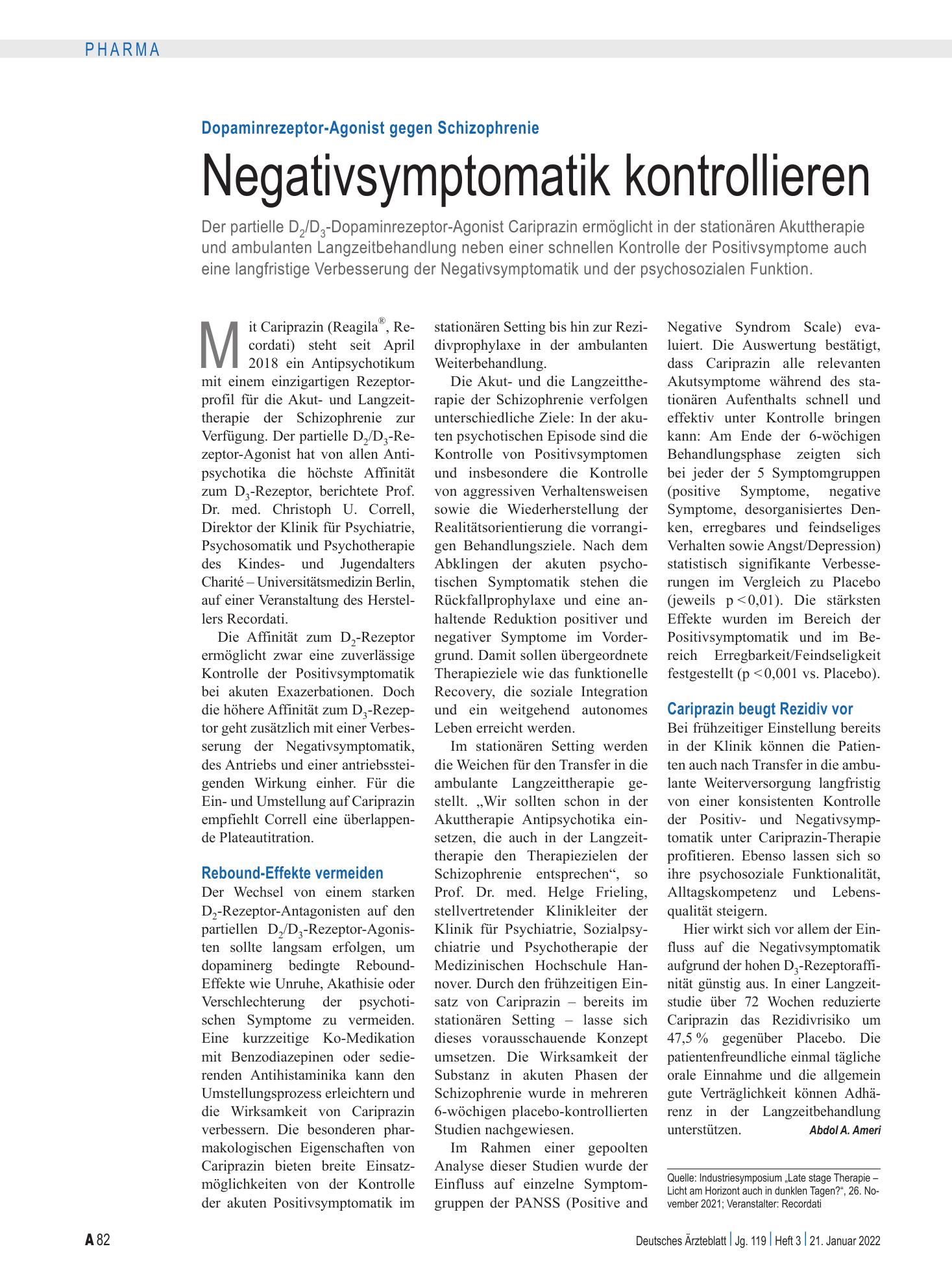 Vorschauseite 1: Dopaminrezeptor-Agonist gegen Schizophrenie: Negativsymptomatik kontrollieren – Deutsches Ärzteblatt