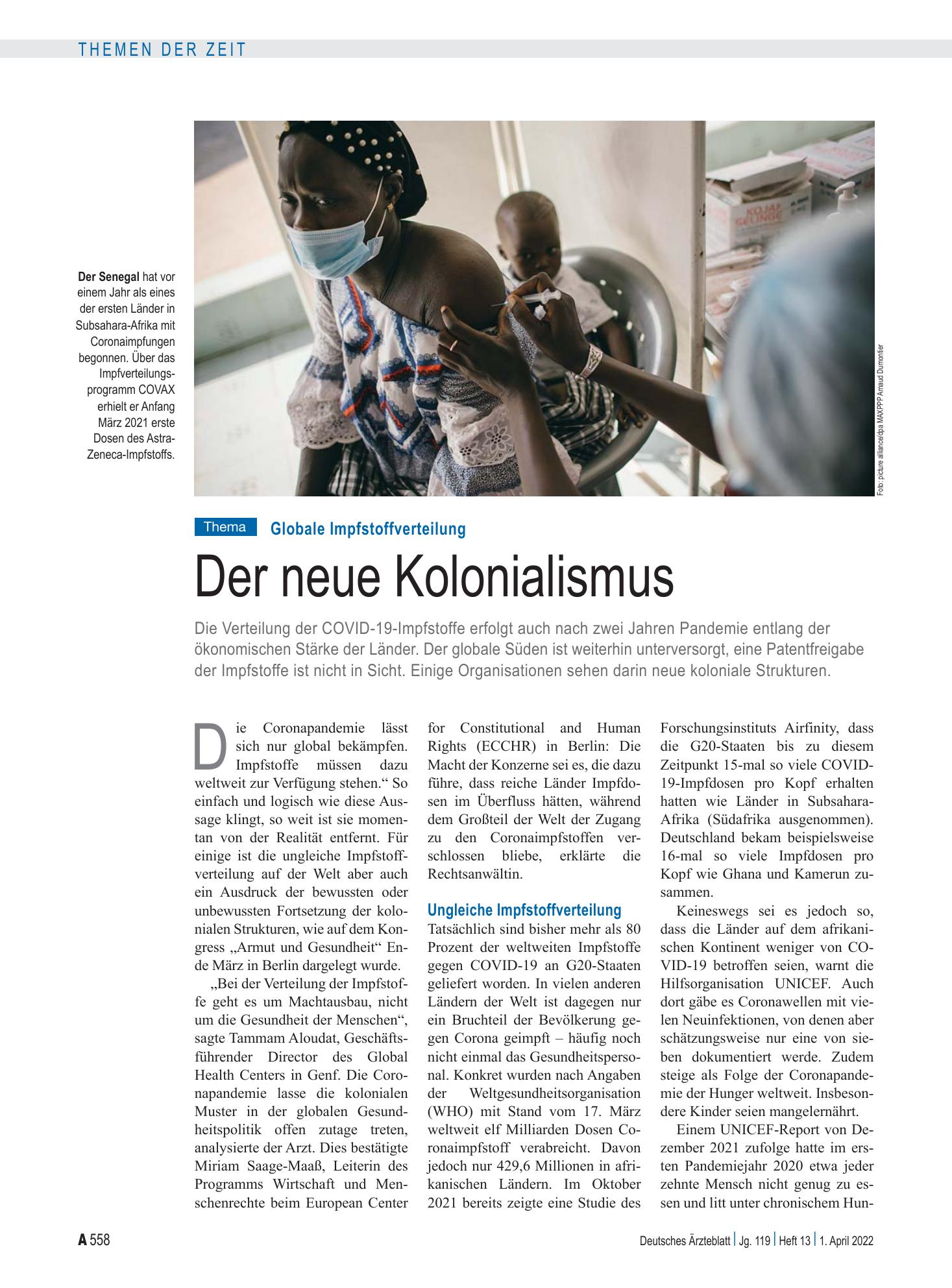 Vorschauseite 1: Globale Impfstoffverteilung: Der neue Kolonialismus – Deutsches Ärzteblatt