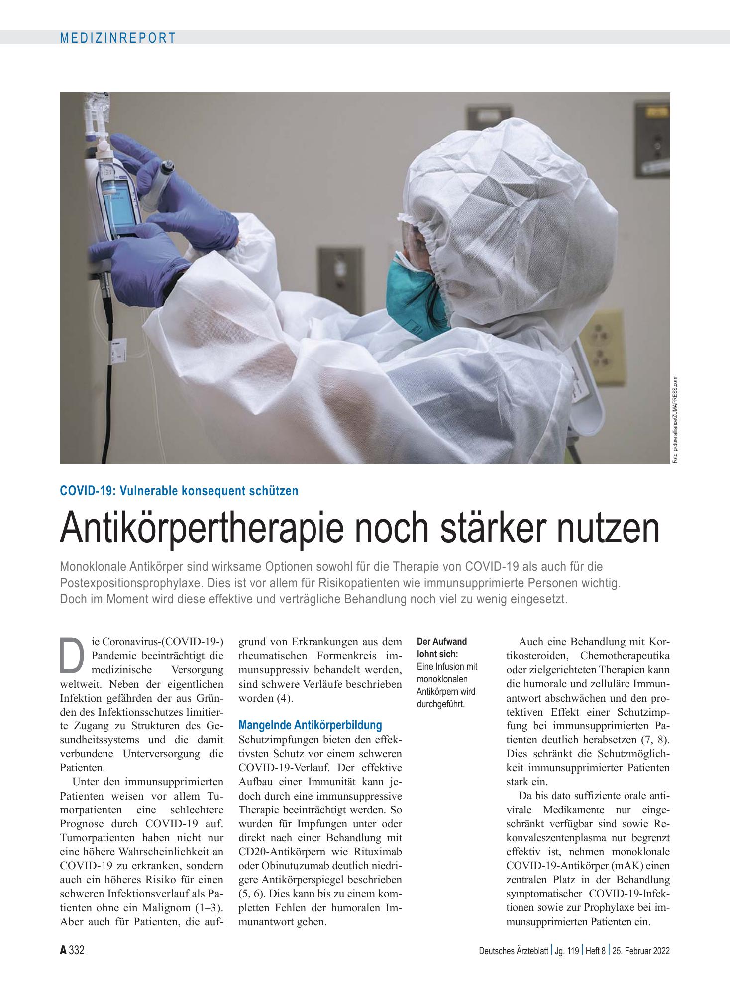 Vorschauseite 1: COVID-19: Vulnerable konsequent schützen – Antikörpertherapie noch stärker nutzen – Deutsches Ärzteblatt