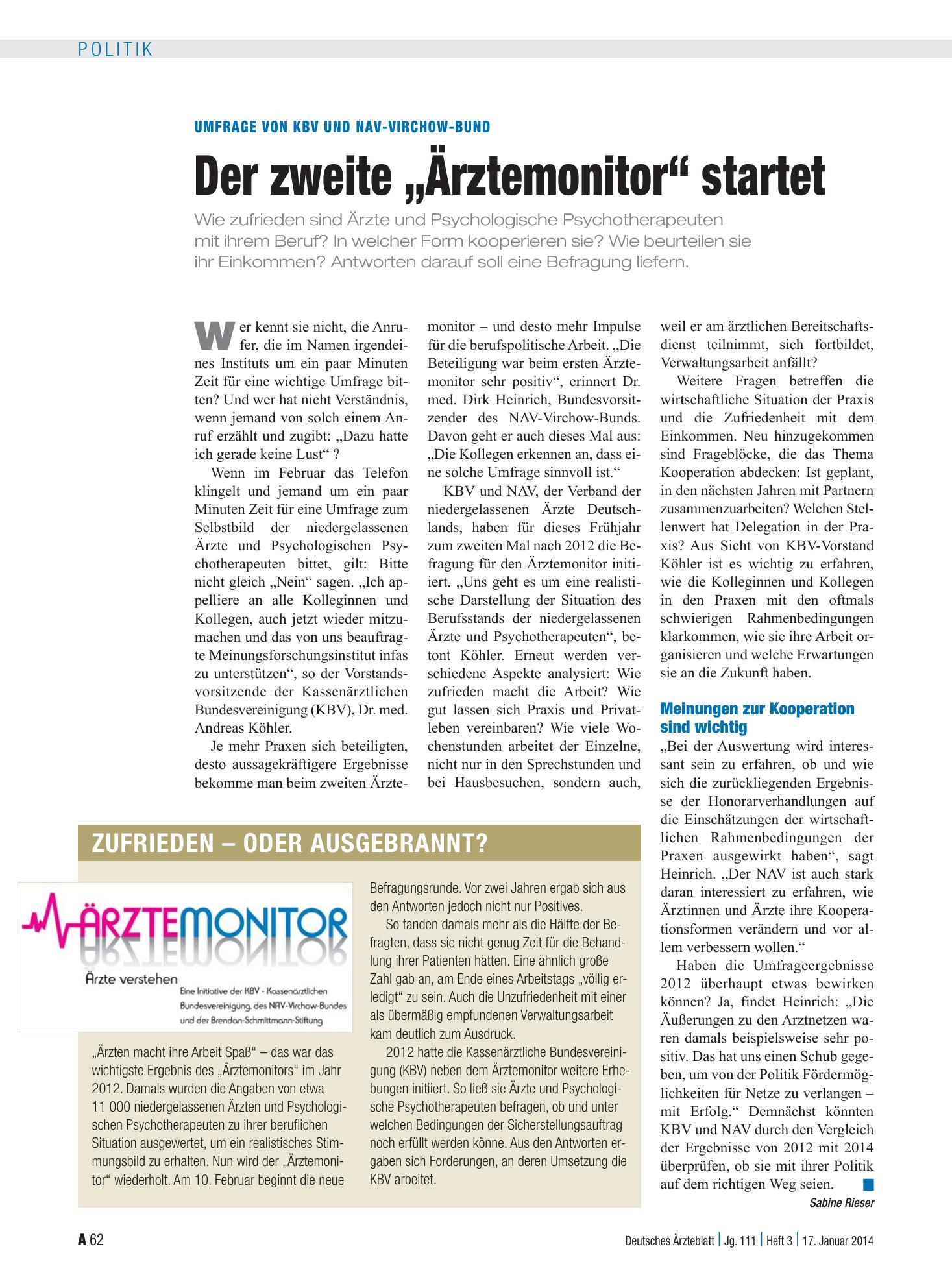 Vorschauseite 1: Umfrage von KV UND NAV-Virchow-Bund: Der zweite „Ärztemonitor“ startet – Deutsches Ärzteblatt