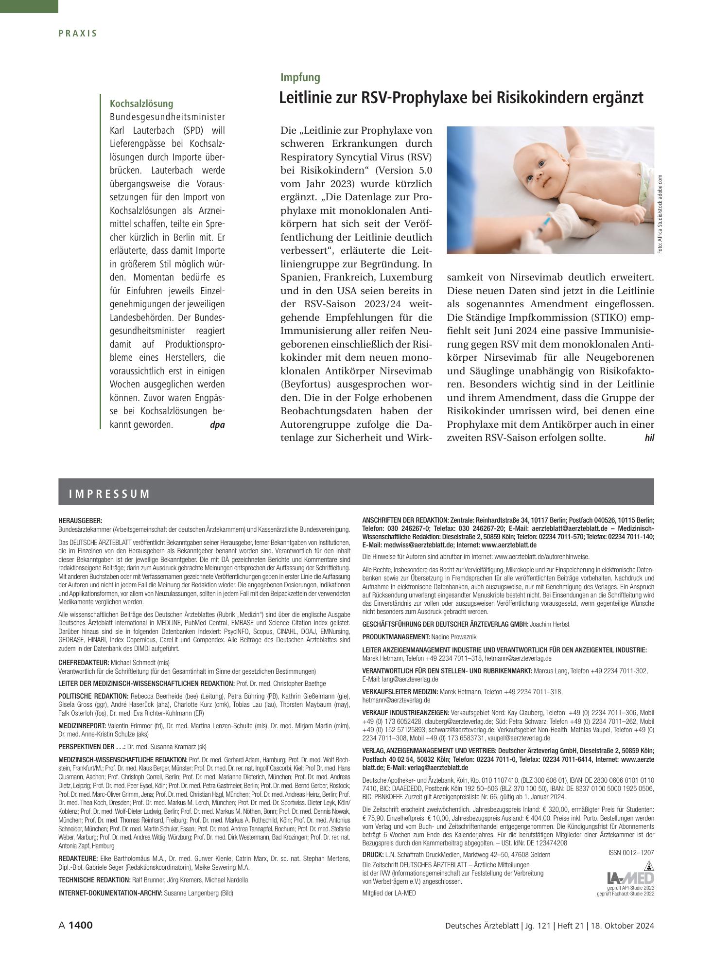Vorschauseite 1: Kochsalzlösung – Deutsches Ärzteblatt
