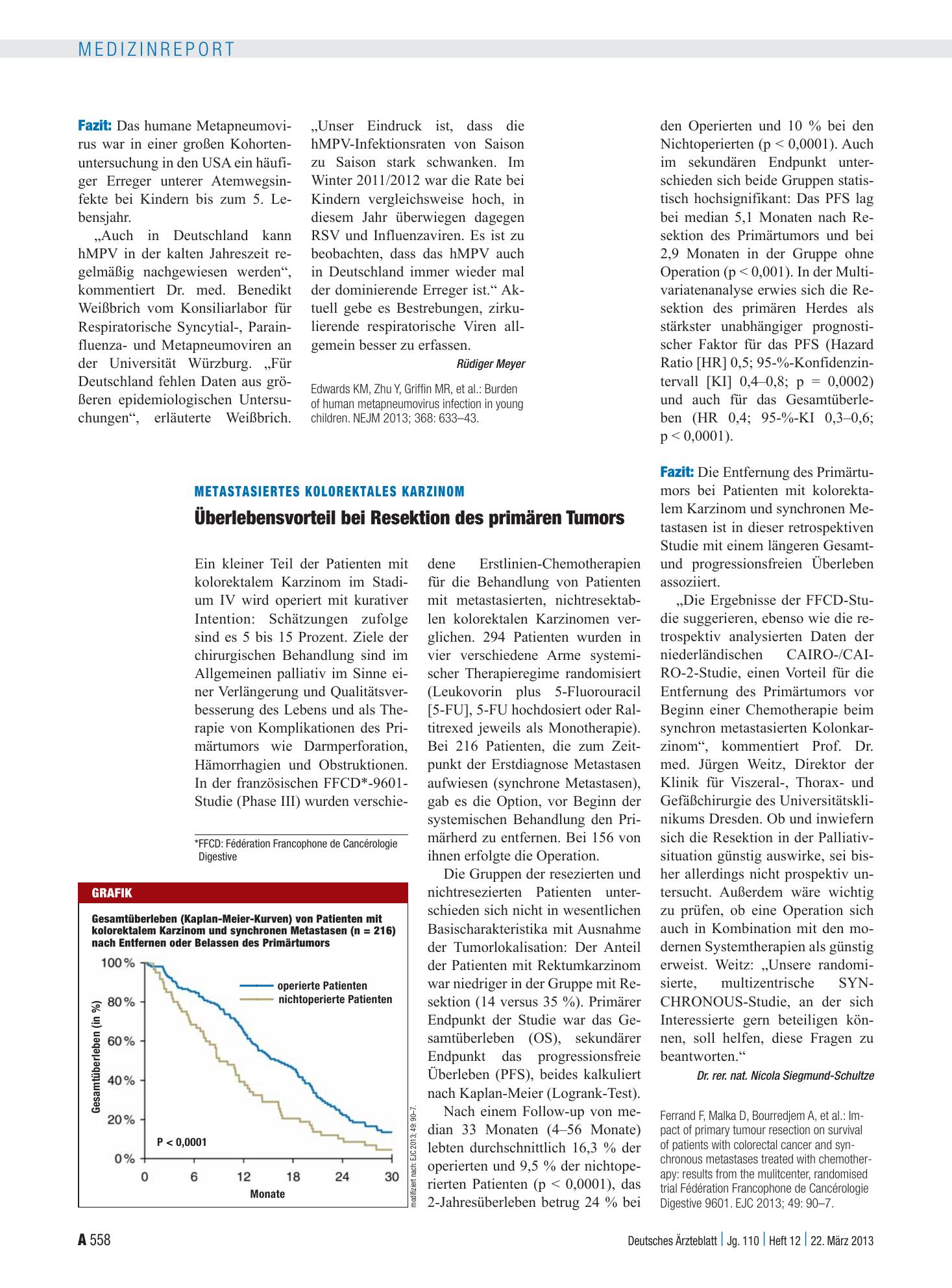 Vorschauseite 1: Metastasiertes kolorektales Karzinom: Überlebensvorteil bei Resektion des primären Tumors – Deutsches Ärzteblatt