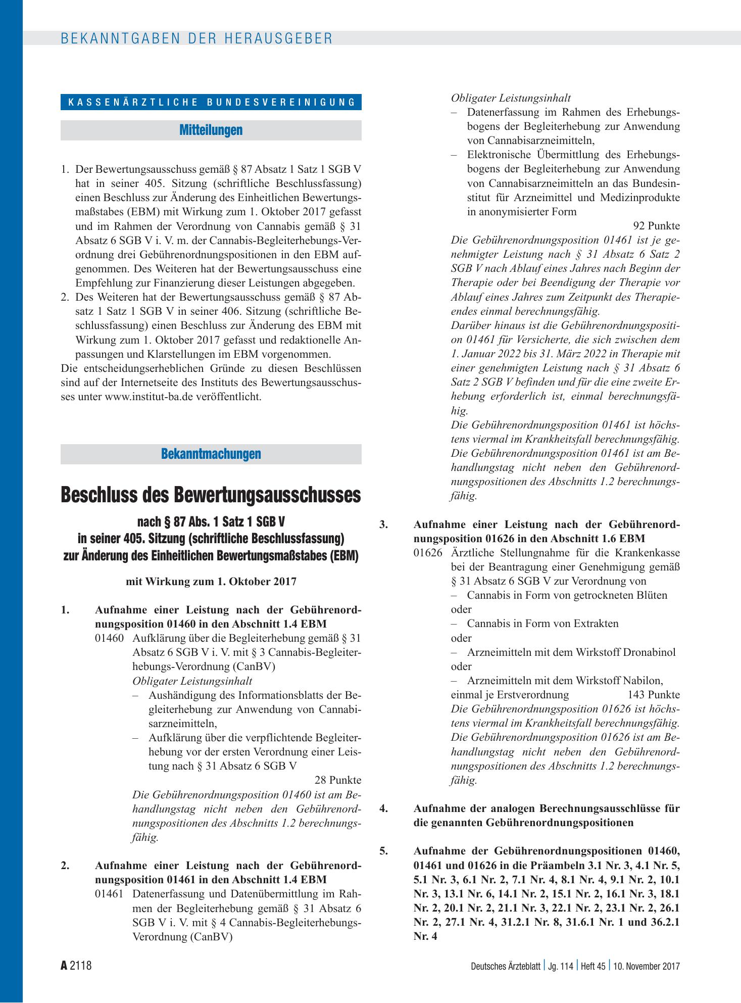 Vorschauseite 1: Beschluss des Bewertungsausschusses nach § 87 Abs. 1 Satz 1 SGB V in seiner 405. Sitzung, Empfehlung des Bewertungsausschusses nach § 87 Abs. 1 Satz 1 SGB V in seiner 405. Sitzung…