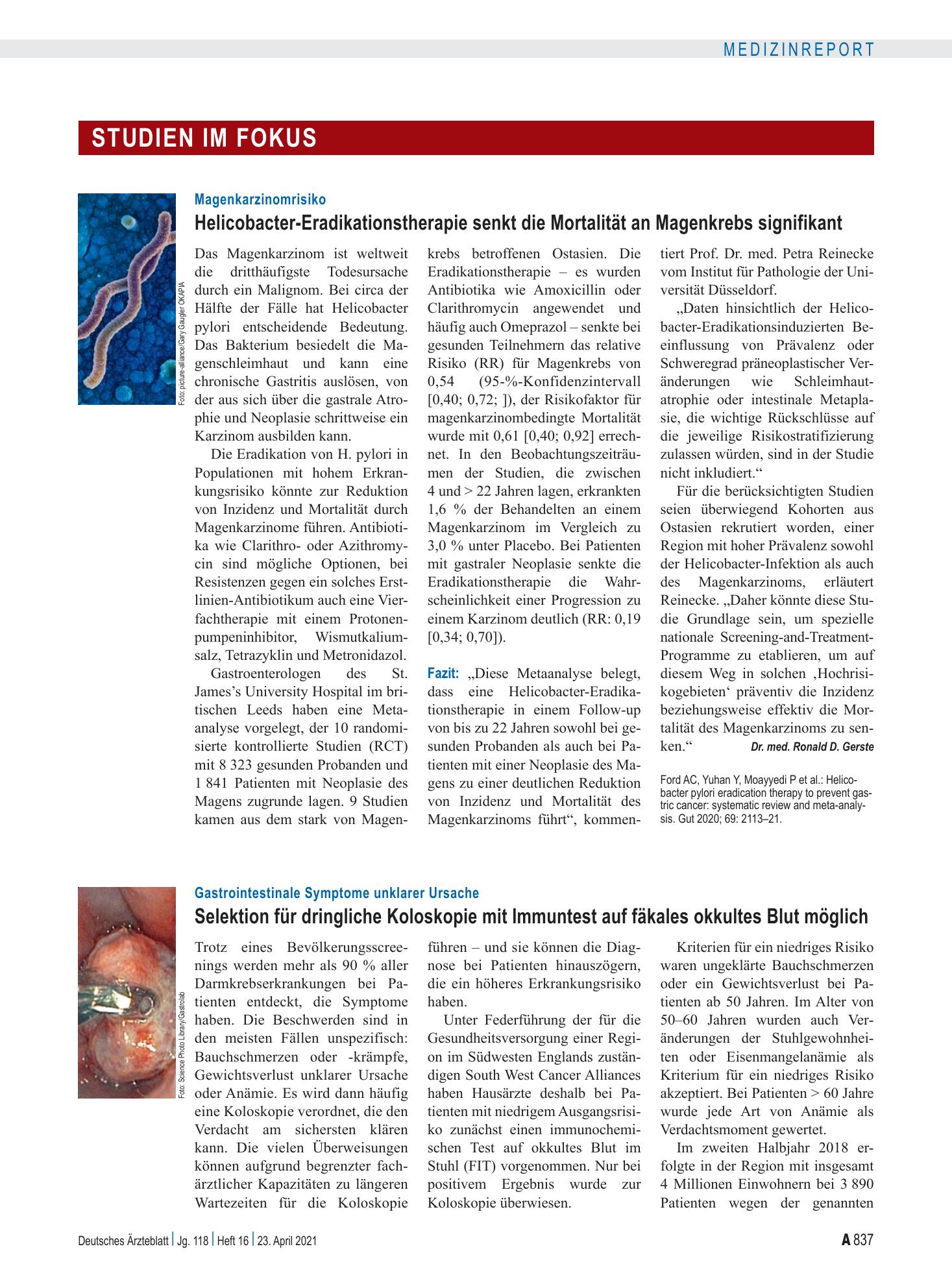 Vorschauseite 1: Magenkarzinomrisiko: Helicobacter-Eradikationstherapie senkt die Mortalität an Magenkrebs signifikant – Deutsches Ärzteblatt