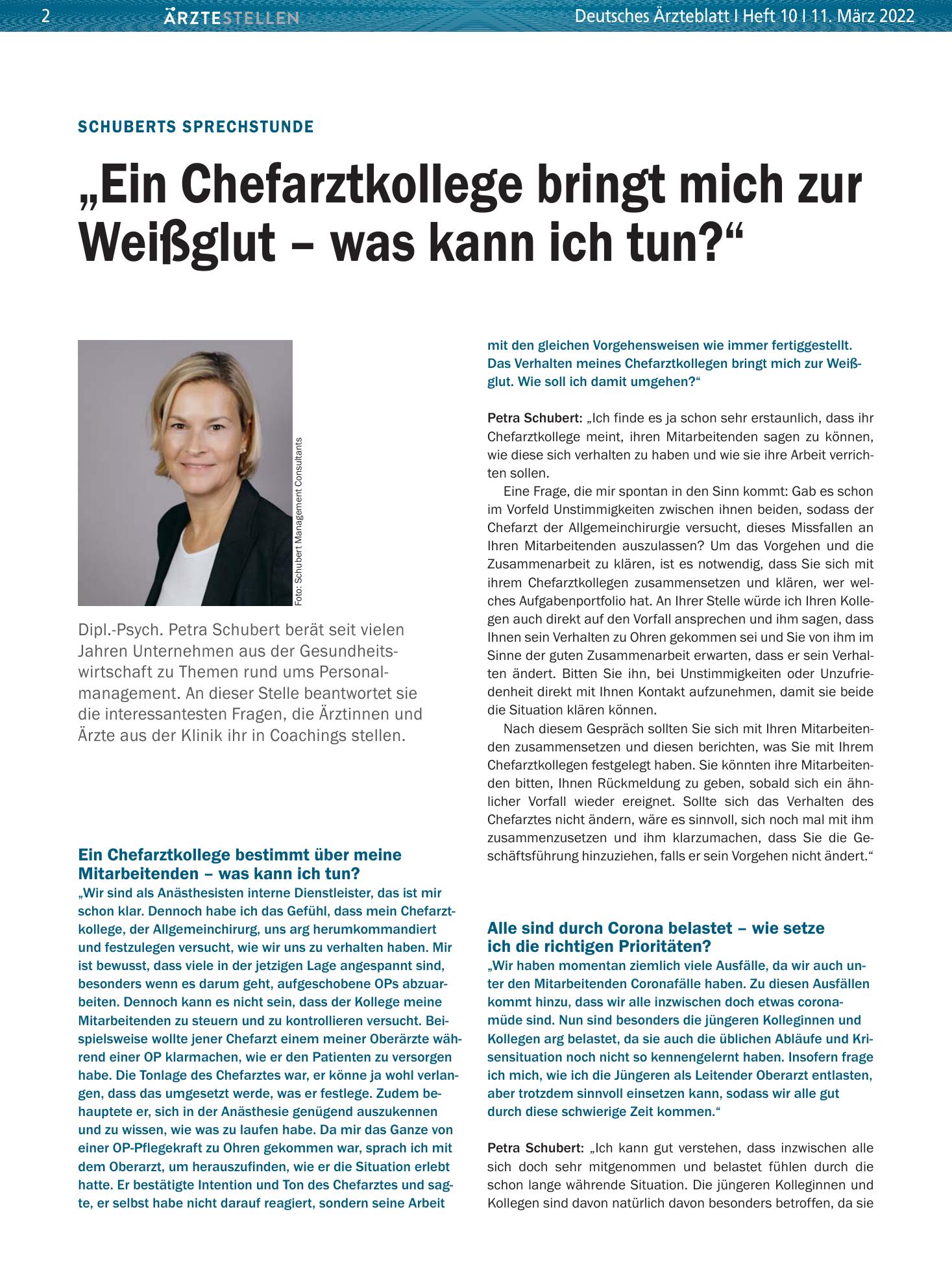 Vorschauseite 1: Schuberts Sprechstunde: „Ein Chefarztkollege bringt mich zur Weißglut – was kann ich tun?“ – Deutsches Ärzteblatt