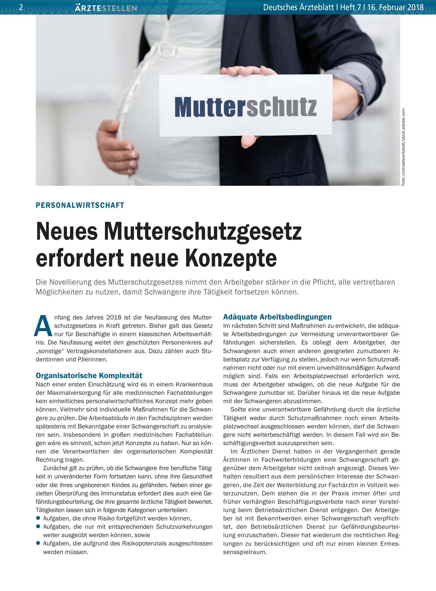 Vorschauseite 1: Personalwirtschaft: Neues Mutterschutzgesetz erfordert neue Konzepte – Deutsches Ärzteblatt