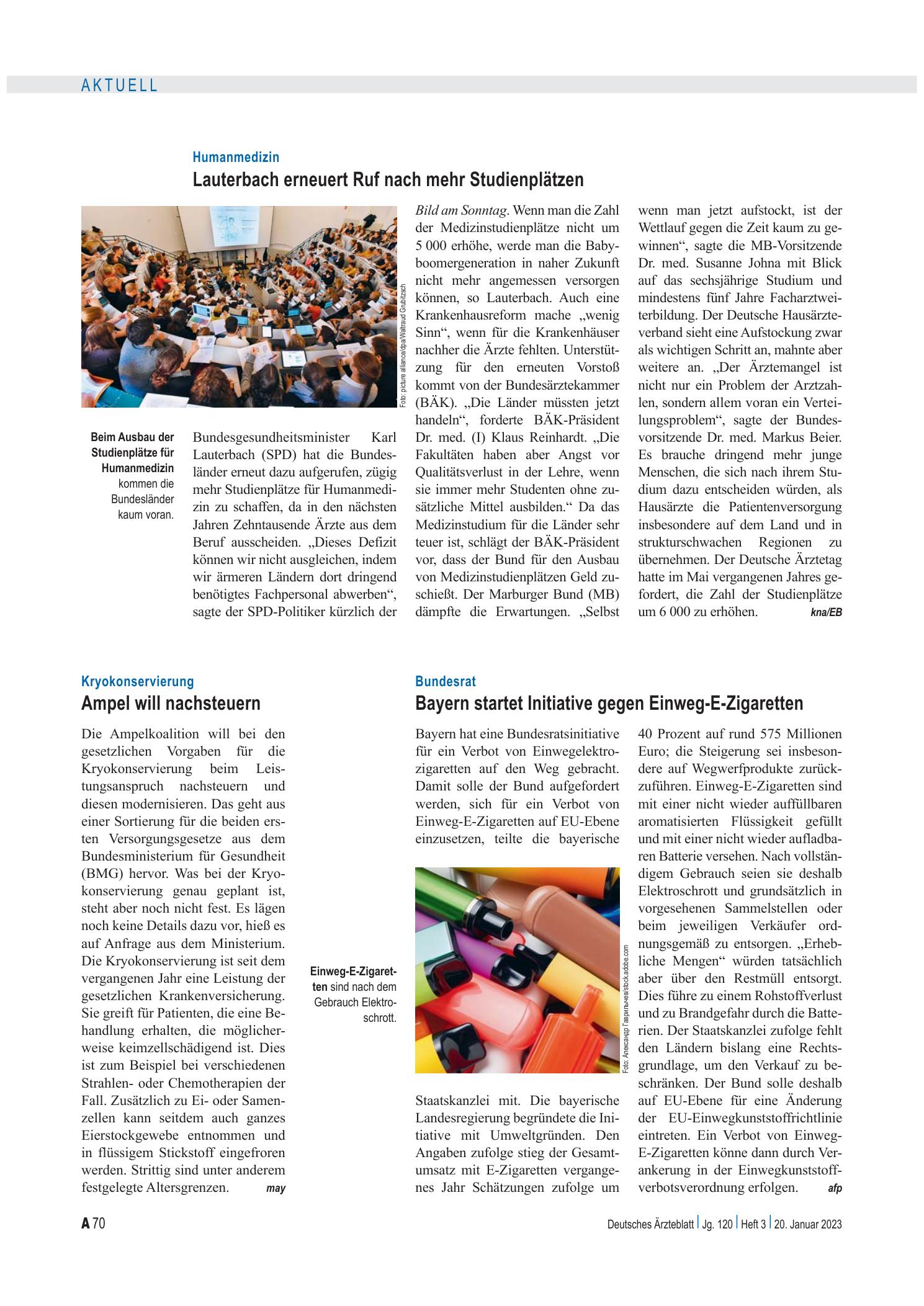 Vorschauseite 1: Kryokonservierung: Ampel will nachsteuern – Deutsches Ärzteblatt