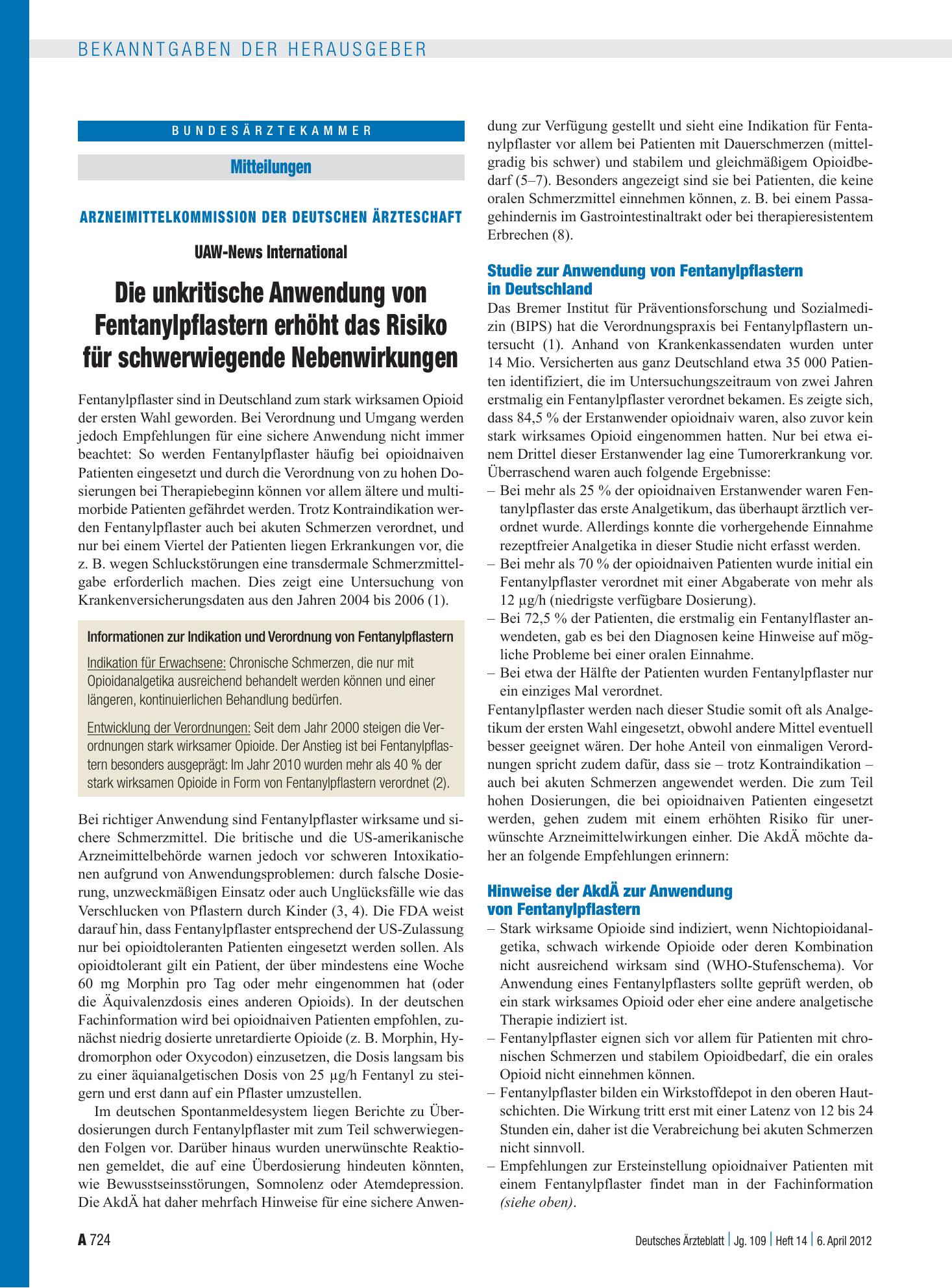 Vorschauseite 1: Arzneimittelkommission der Deutschen Ärzteschaft – UAW-News International: Die unkritische Anwendung von Fentanylpflastern erhöht das Risiko für schwerwiegende Nebenwirkungen – De…