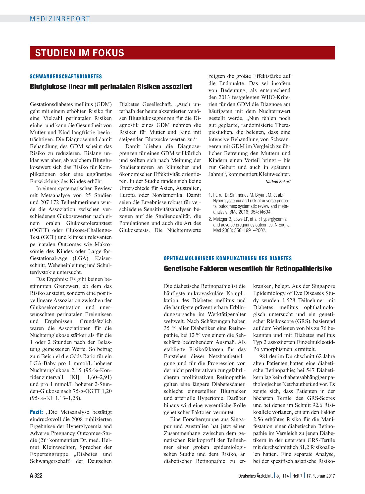 Vorschauseite 1: Schwangerschaftsdiabetes: Blutglukose linear mit perinatalen Risiken assoziiert – Deutsches Ärzteblatt