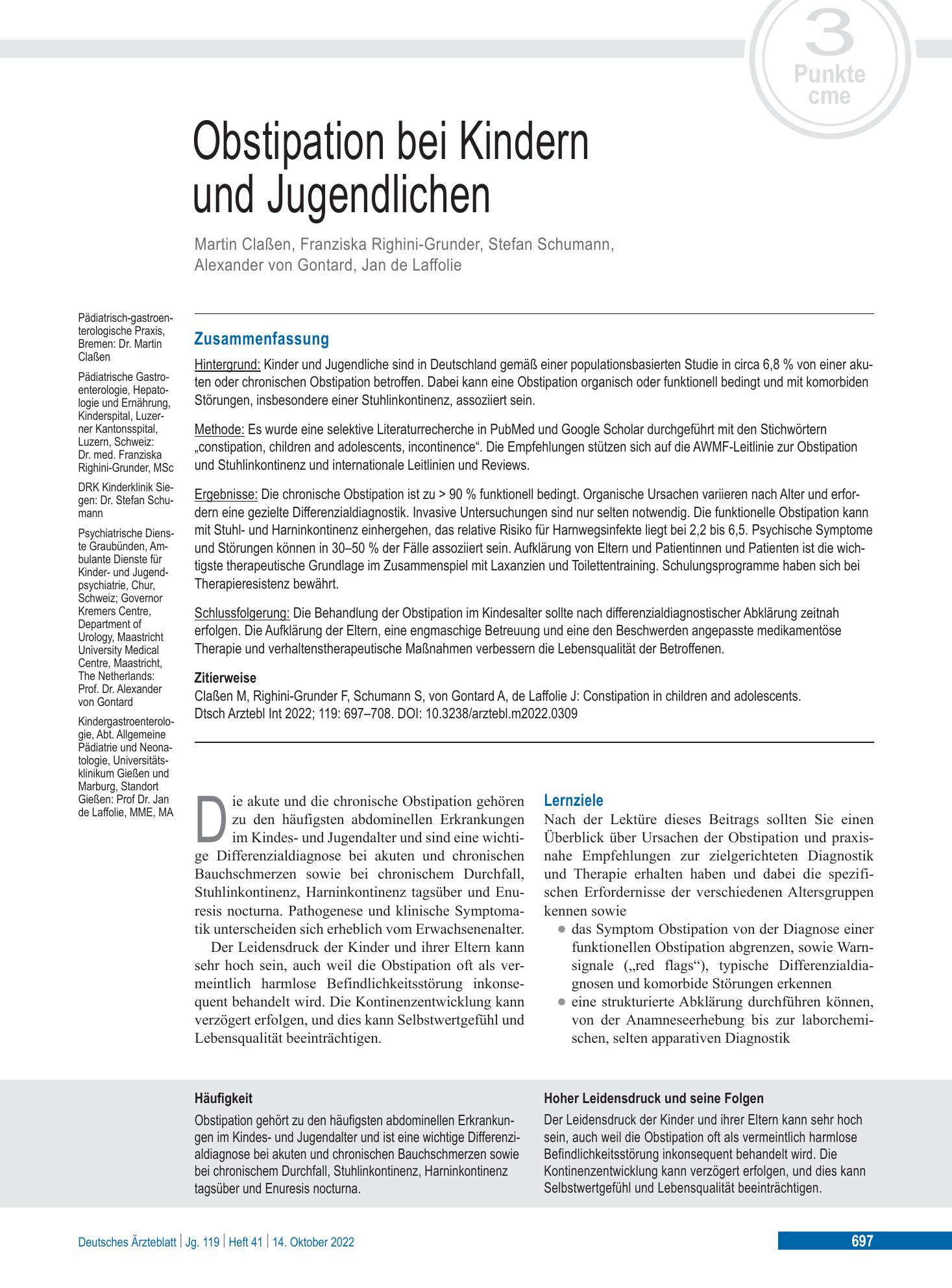 Vorschauseite 1: Obstipation bei Kindern und Jugendlichen – Deutsches Ärzteblatt