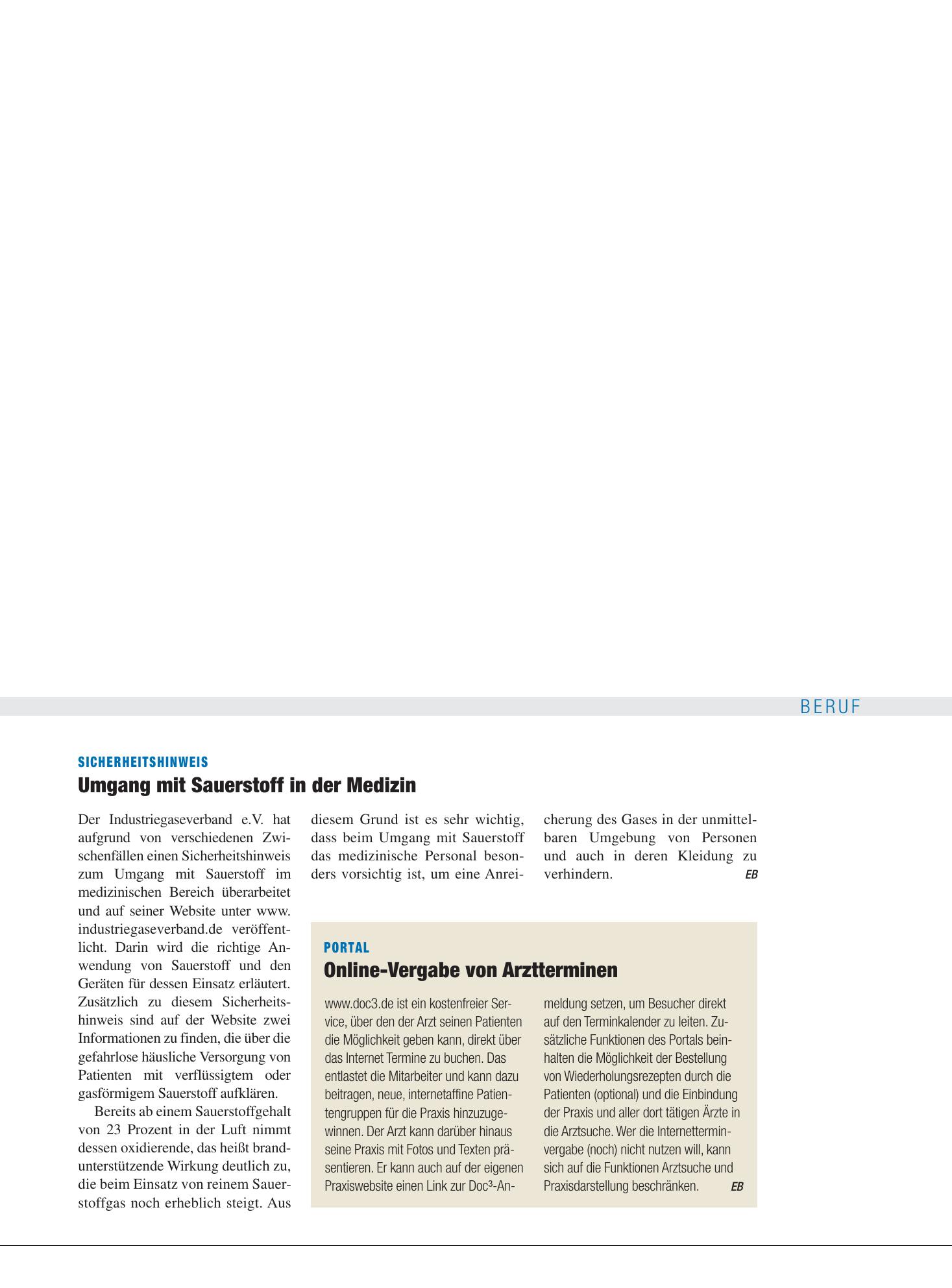 Vorschauseite 1: Sicherheitshinweis: Umgang mit Sauerstoff in der Medizin – Deutsches Ärzteblatt
