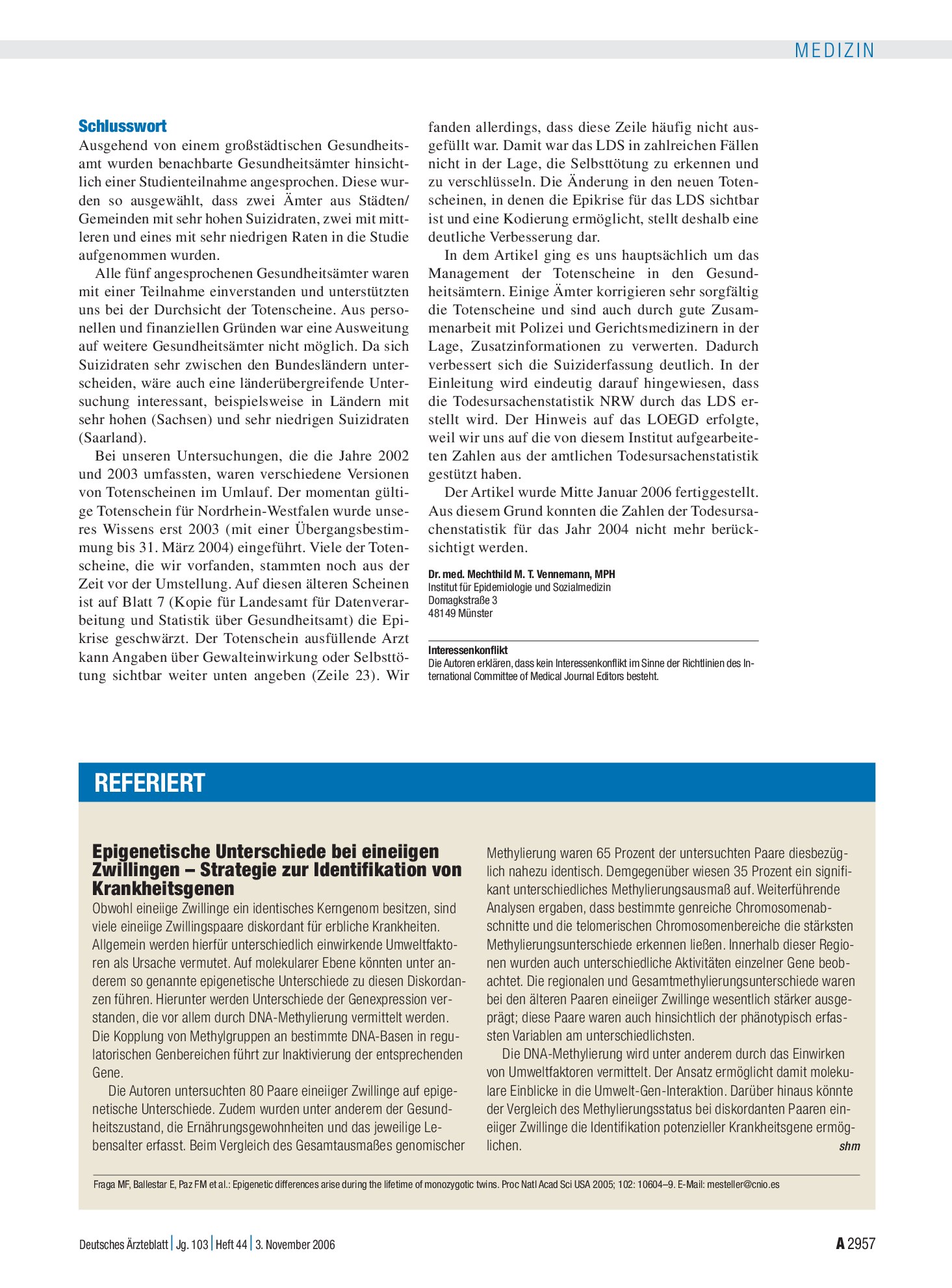 Vorschauseite 1: Unterschätzte Suizidraten durch unterschiedliche Erfassung in Gesundheitsämtern: Schlusswort – Deutsches Ärzteblatt