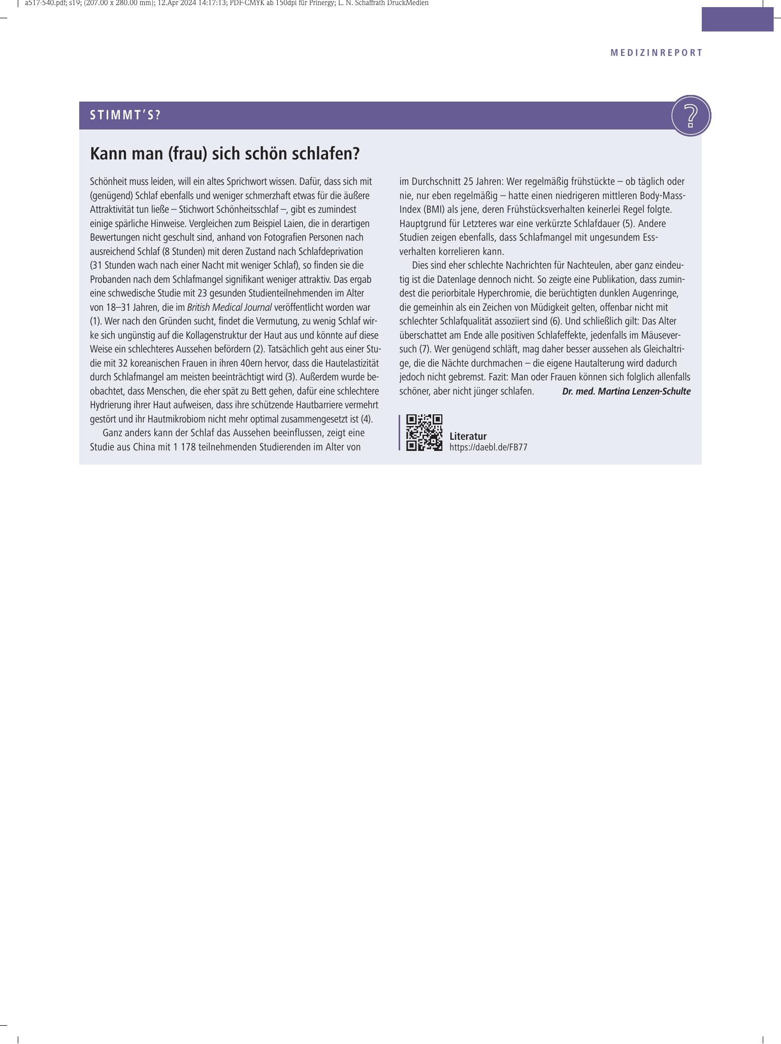 Vorschauseite 1: Kann man (frau) sich schön schlafen? – Deutsches Ärzteblatt