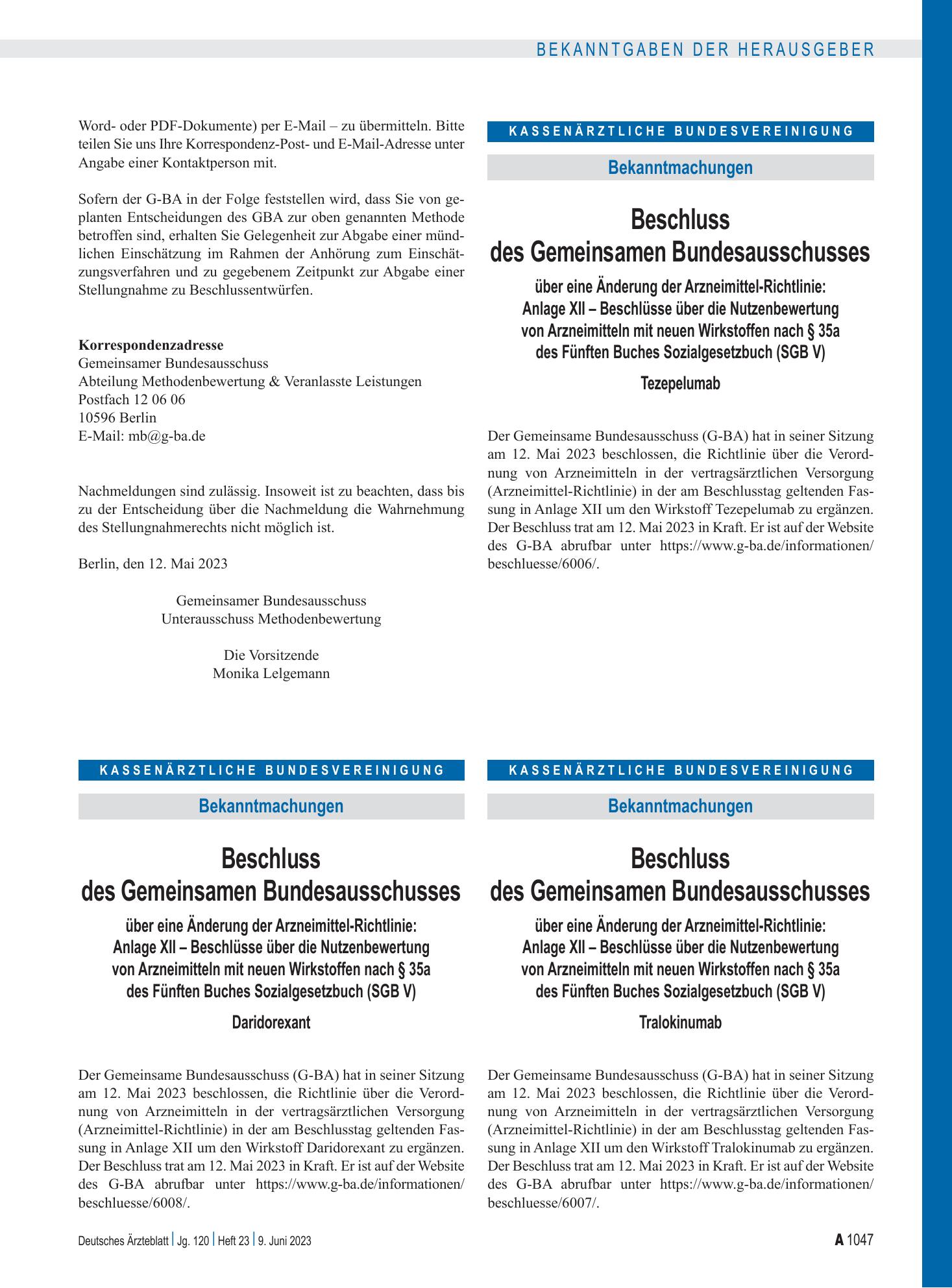 Vorschauseite 1: Beschluss des Gemeinsamen Bundesausschusses über eine Änderung der Arzneimittel-Richtlinie: Anlage XII – Tezepelumab – Deutsches Ärzteblatt