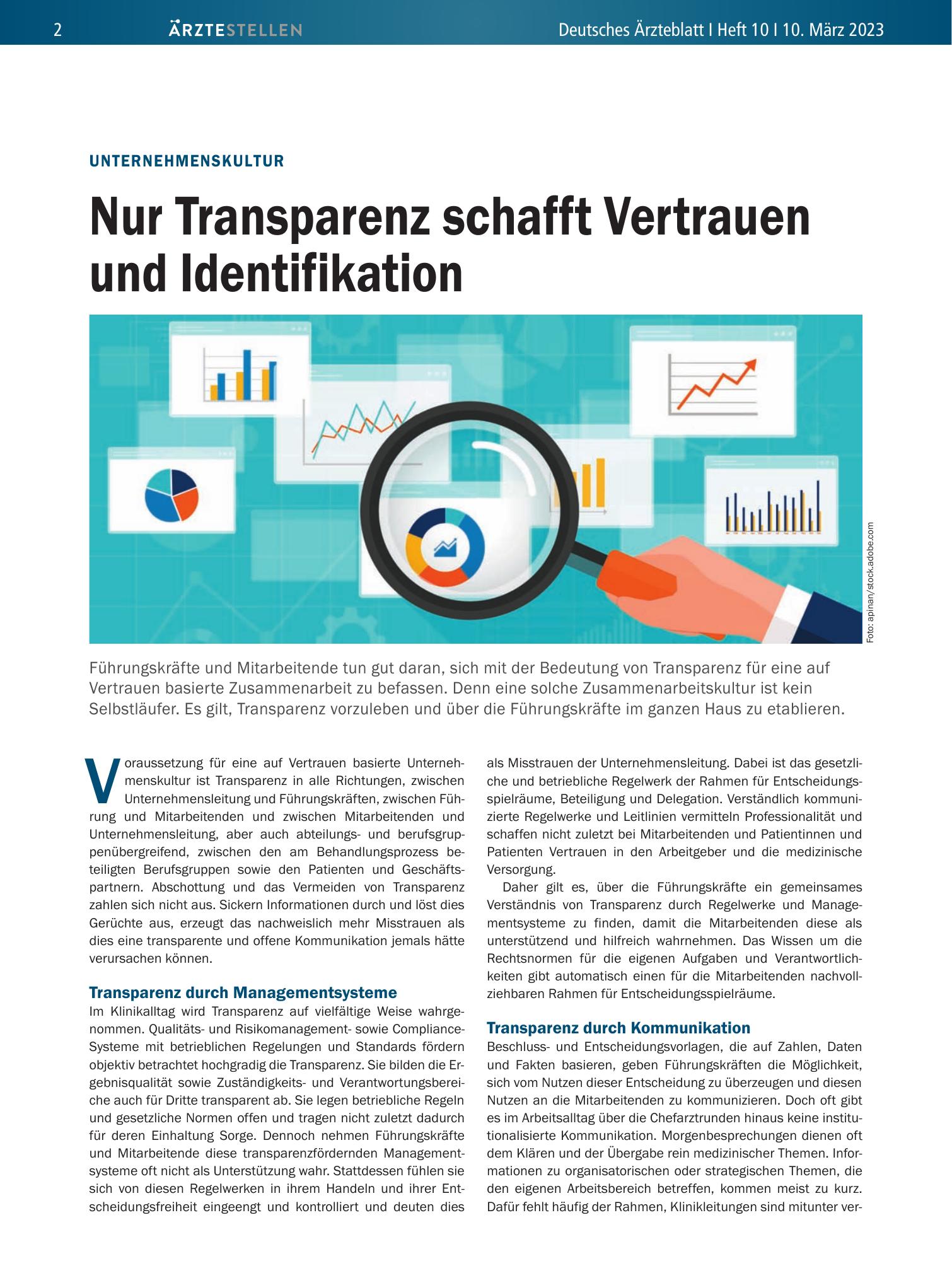 Vorschauseite 1: Unternehmenskultur: Nur Transparenz schafft Vertrauen und Identifikation – Deutsches Ärzteblatt