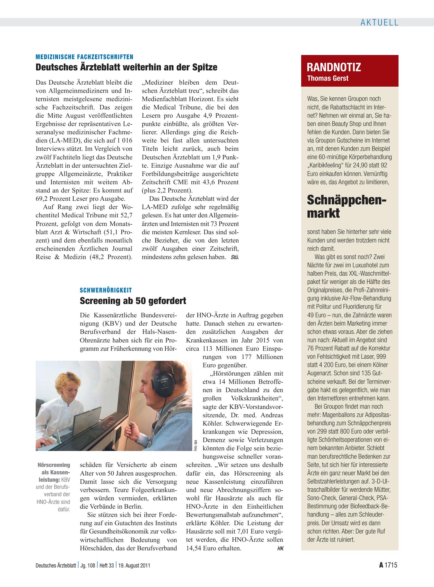 Vorschauseite 1: Randnotiz: Schnäppchen-markt – Deutsches Ärzteblatt