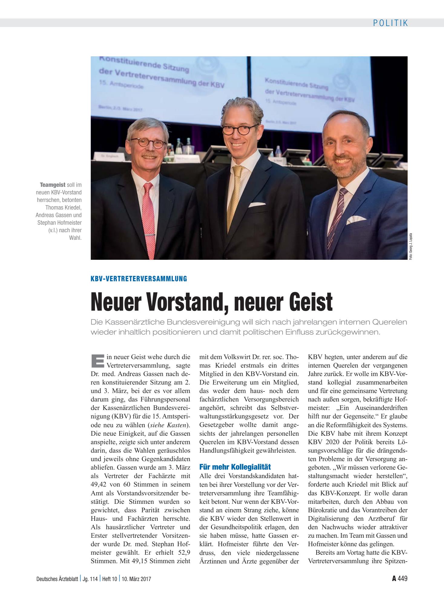 Vorschauseite 1: KBV-Vertreterversammlung: Neuer Vorstand, neuer Geist – Deutsches Ärzteblatt