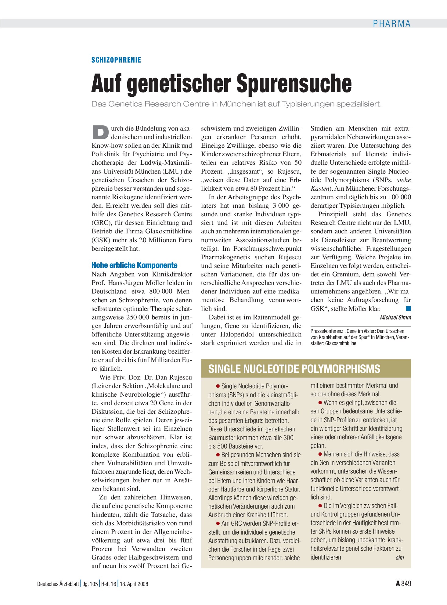 Vorschauseite 1: Schizophrenie: Auf genetischer Spurensuche – Deutsches Ärzteblatt