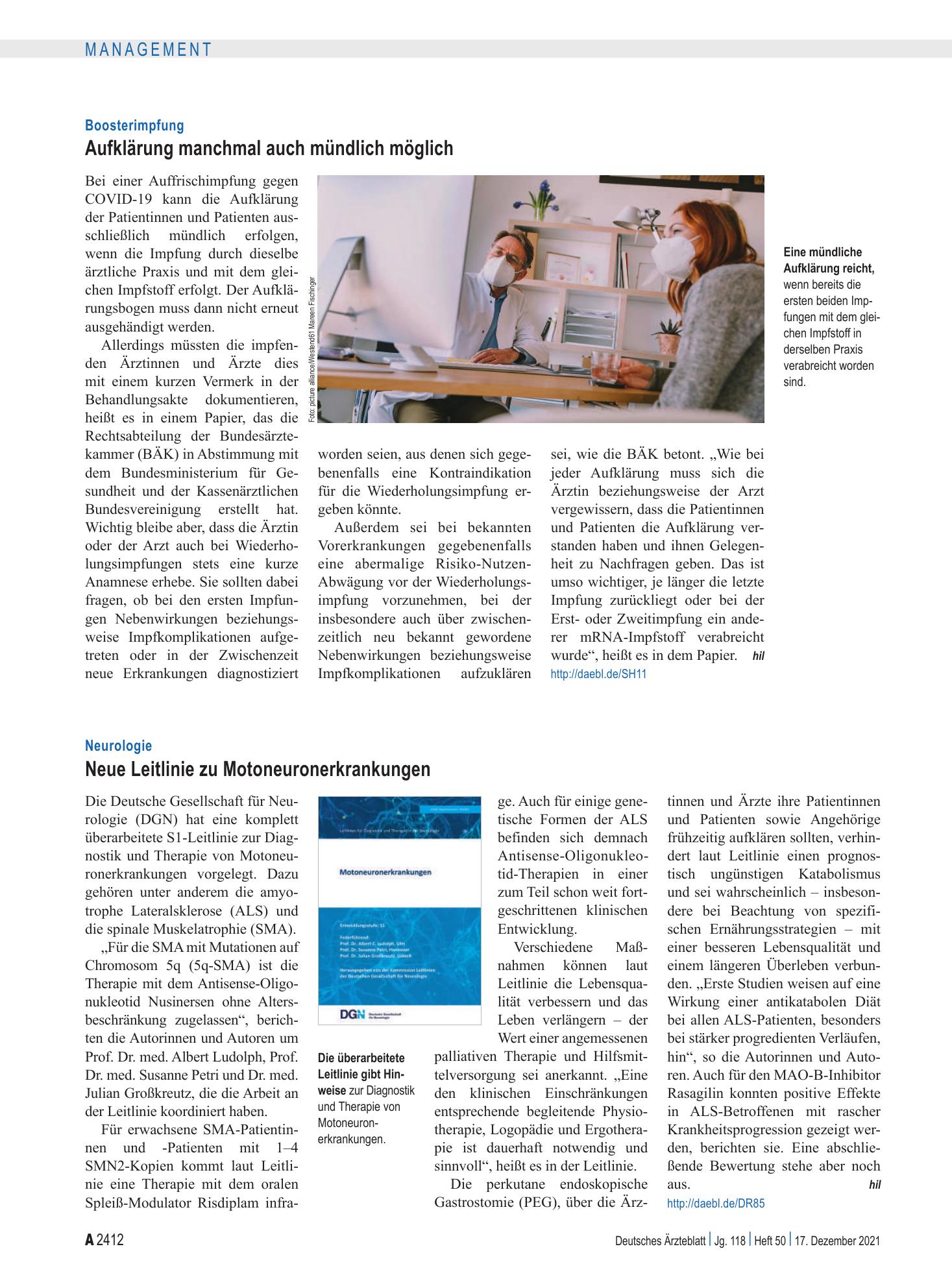 Vorschauseite 1: Neurologie: Neue Leitlinie zu Motoneuronerkrankungen – Deutsches Ärzteblatt