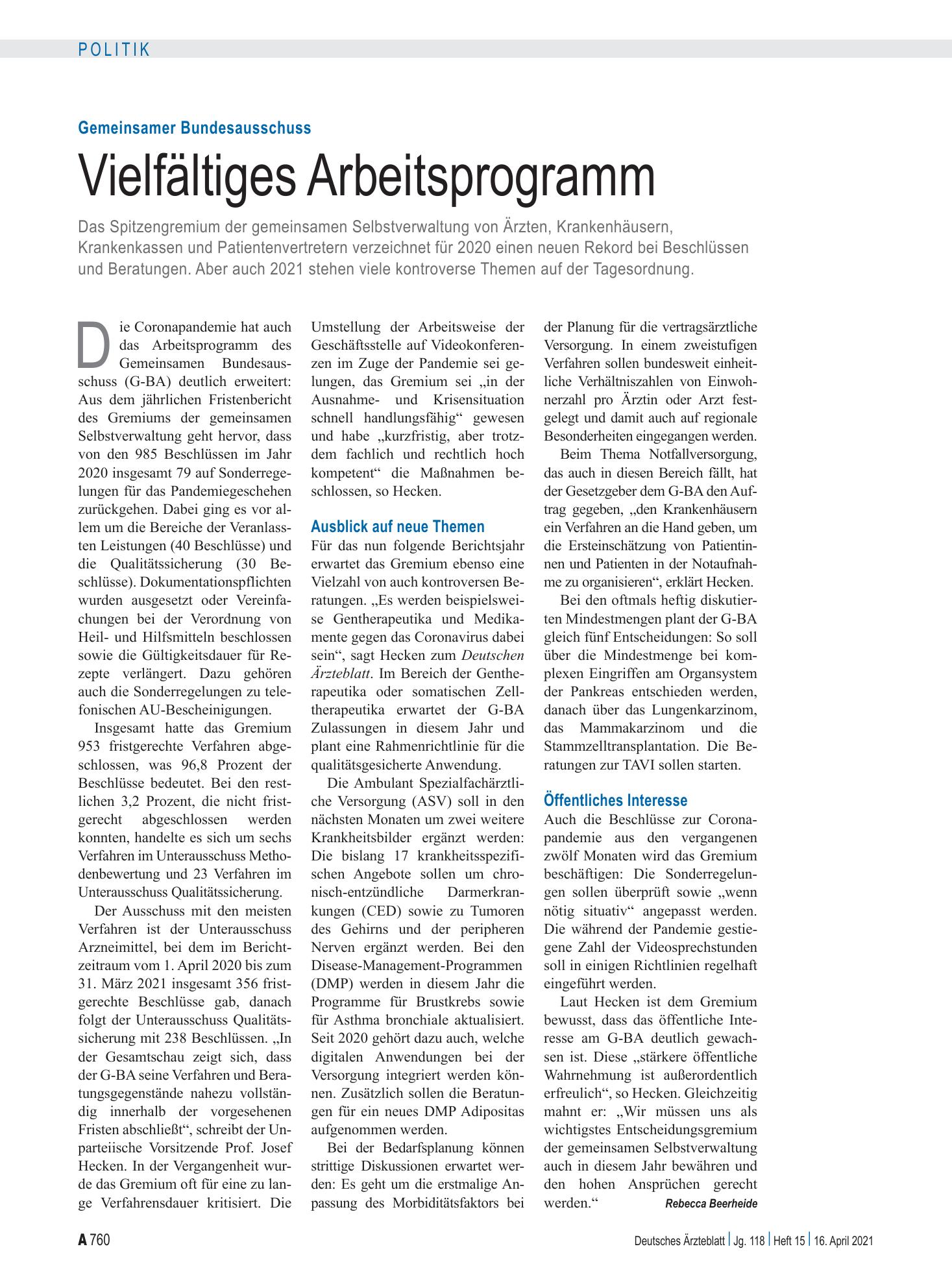 Vorschauseite 1: Gemeinsamer Bundesausschuss: Vielfältiges Arbeitsprogramm – Deutsches Ärzteblatt