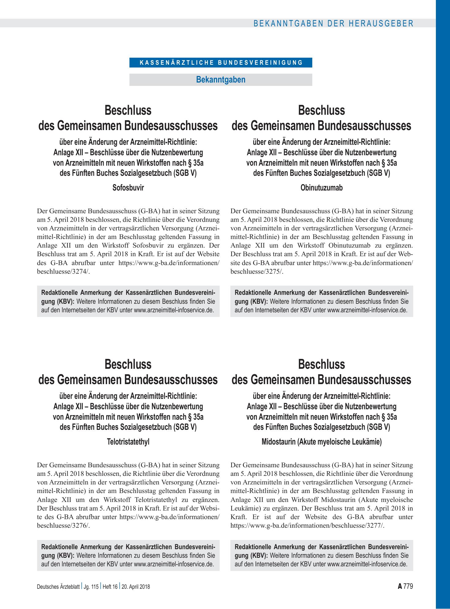 Vorschauseite 1: Beschluss des Gemeinsamen Bundesausschusses über eine Änderung der Arzneimittel-Richtlinie: Anlage XII – Sofosbuvir – Deutsches Ärzteblatt