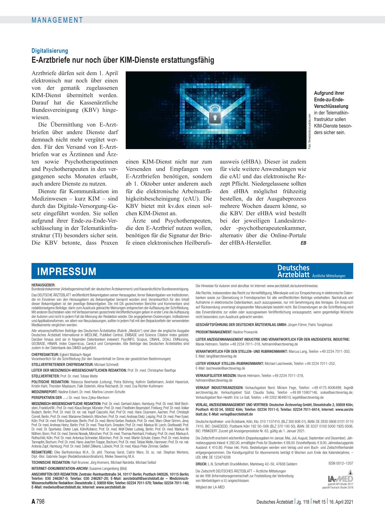Vorschauseite 1: Digitalisierung: E-Arztbriefe nur noch über KIM-Dienste erstattungsfähig – Deutsches Ärzteblatt