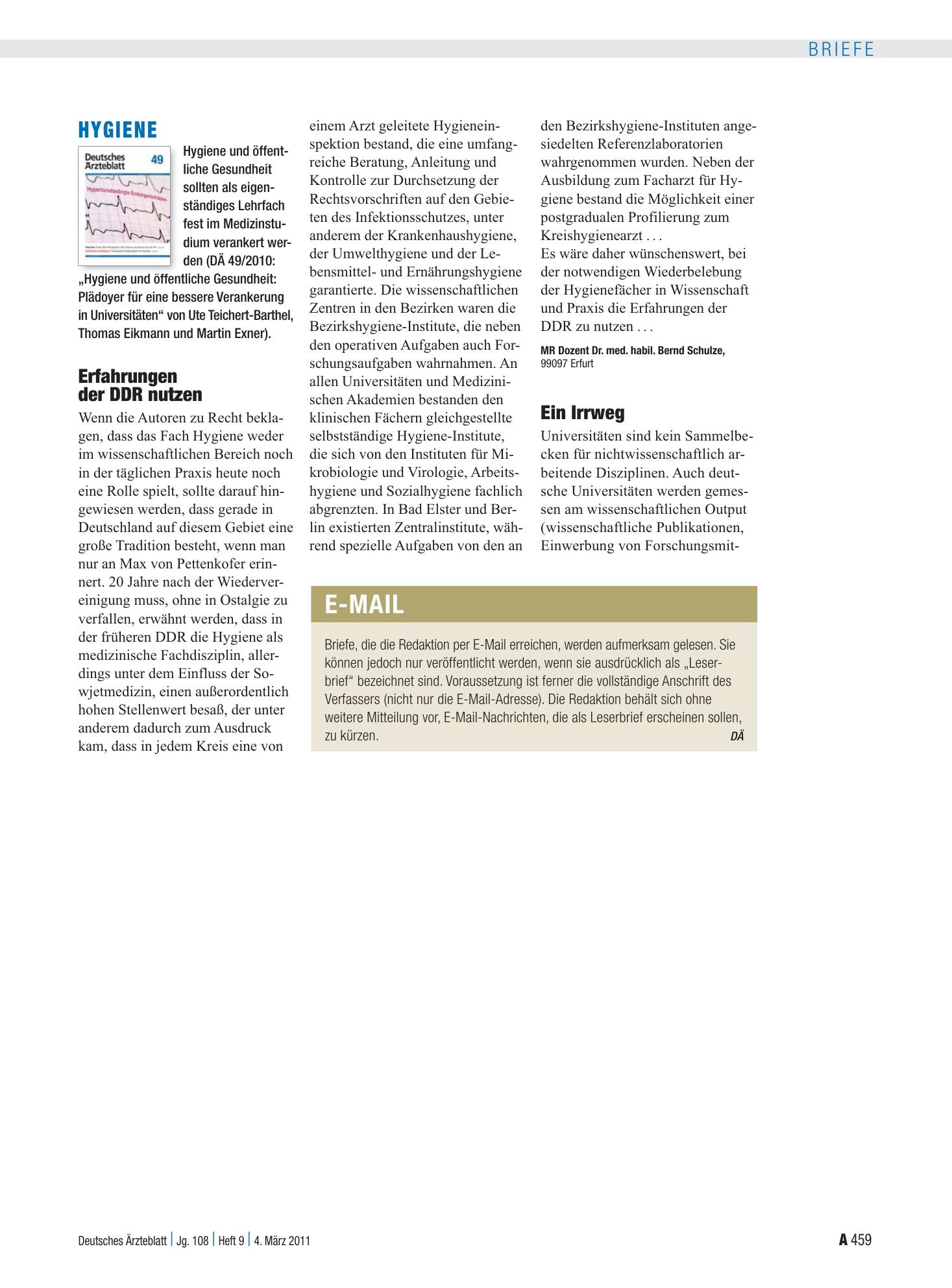 Vorschauseite 1: Hygiene: Ein Irrweg – Deutsches Ärzteblatt