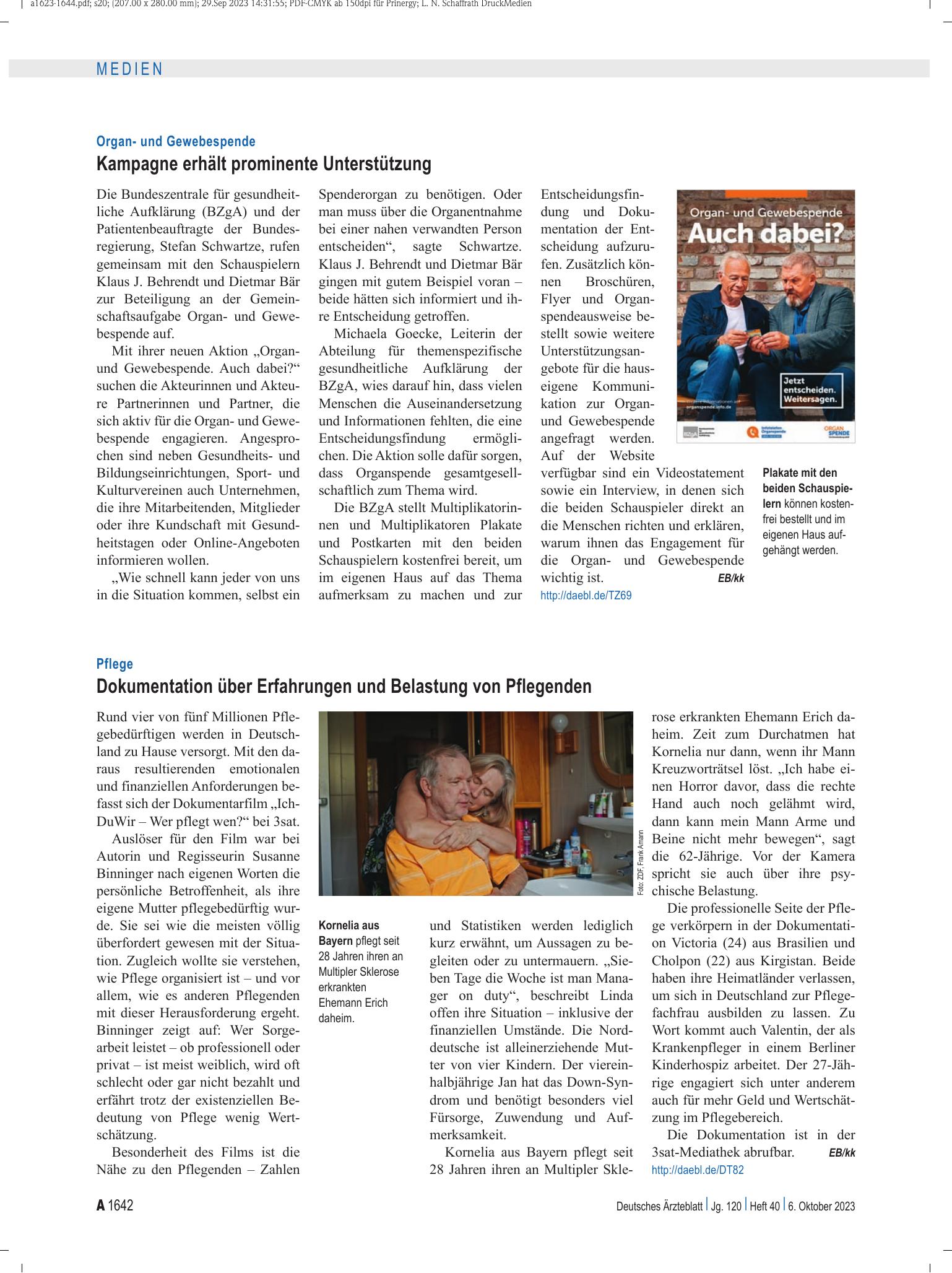 Vorschauseite 1: Pflege: Dokumentation über Erfahrungen und Belastung von Pflegenden – Deutsches Ärzteblatt