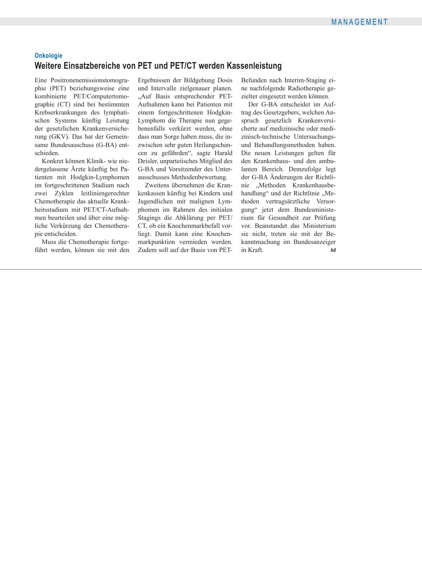 Vorschauseite 1: Onkologie: Weitere Einsatzbereiche von PET und PET/CT werden Kassenleistung – Deutsches Ärzteblatt