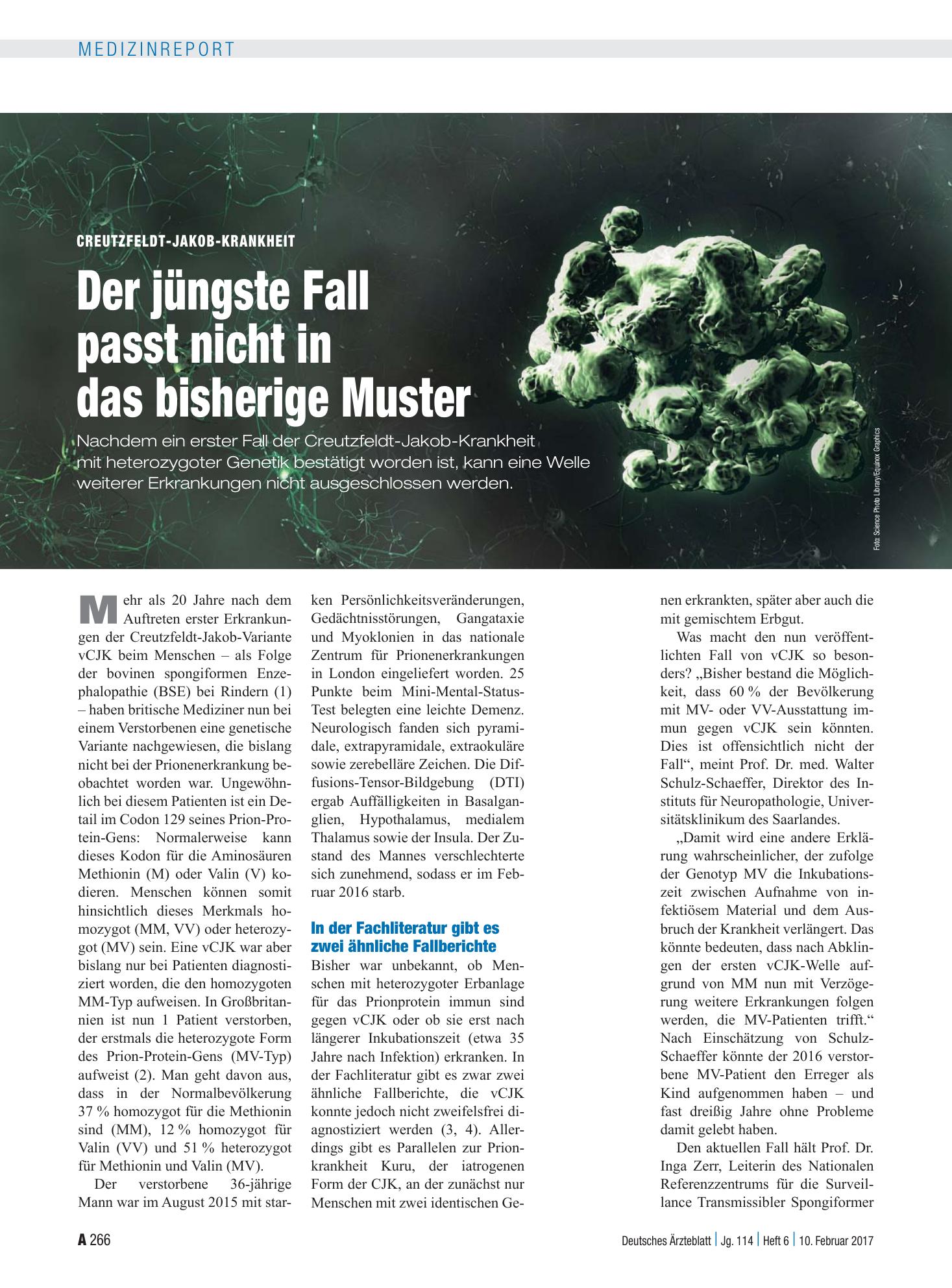 Vorschauseite 1: Creutzfeldt-Jakob-Krankheit: Der jüngste Fall passt nicht in das bisherige Muster – Deutsches Ärzteblatt
