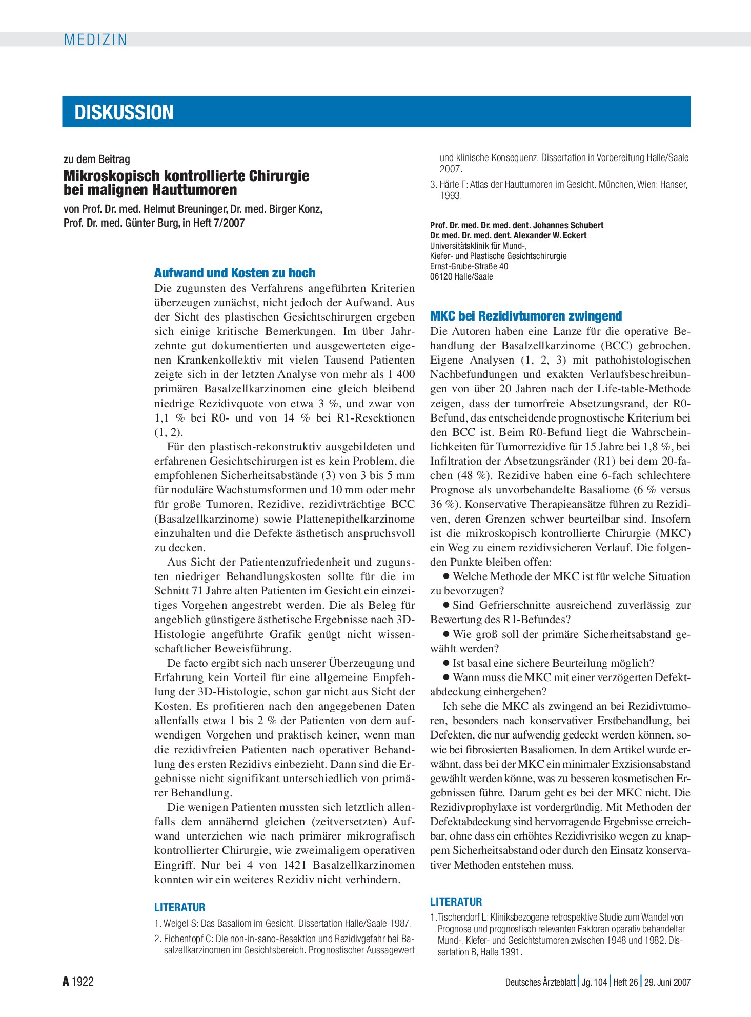 Vorschauseite 1: Mikroskopisch kontrollierte Chirurgie bei malignen Hauttumoren: MKC bei Rezidivtumoren zwingend – Deutsches Ärzteblatt