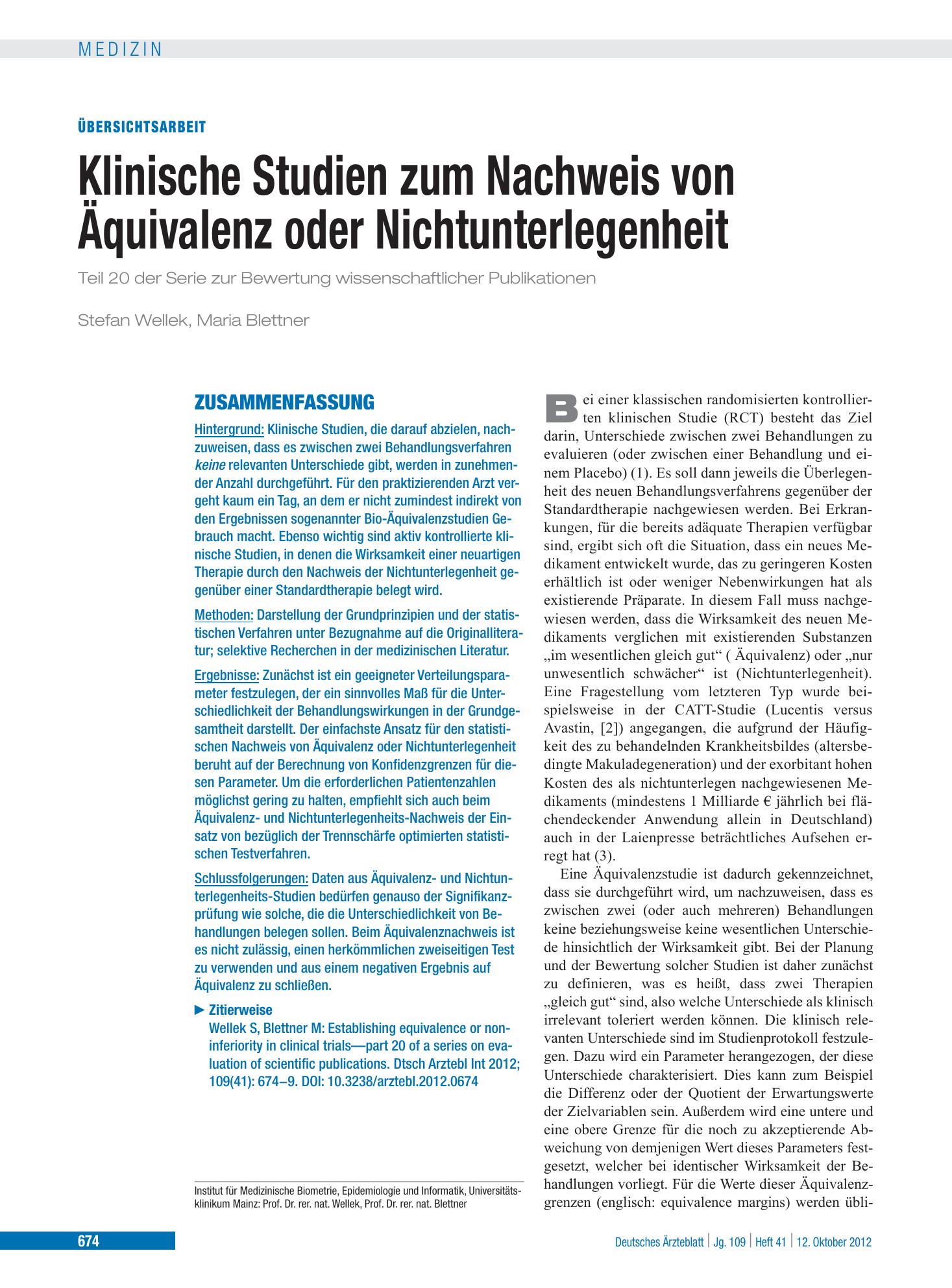 Vorschauseite 1: Klinische Studien zum Nachweis von Äquivalenz oder Nichtunterlegenheit – Deutsches Ärzteblatt