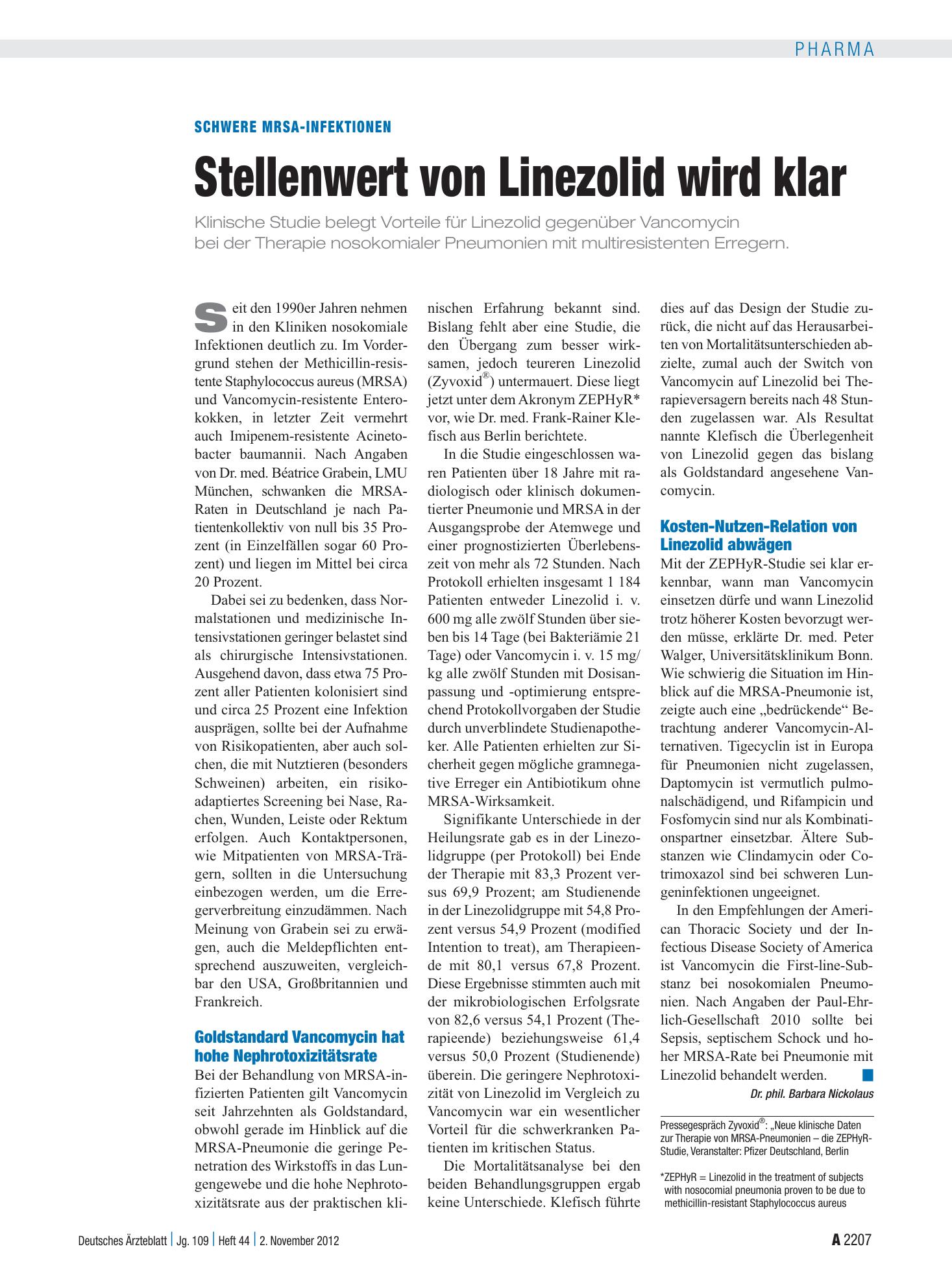 Vorschauseite 1: Schwere MRSA-Infektionen: Stellenwert von Linezolid wird klar – Deutsches Ärzteblatt