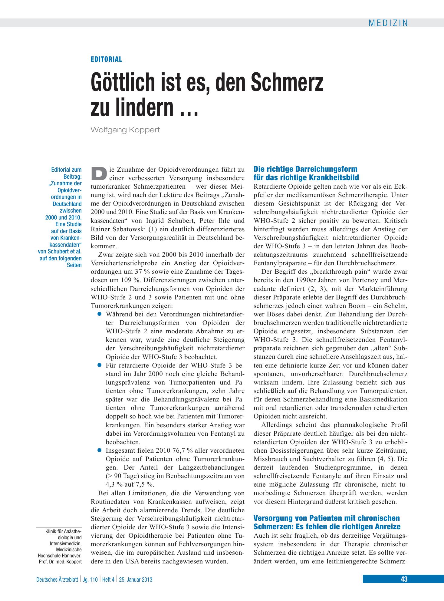 Vorschauseite 1: Göttlich ist es, den Schmerz zu lindern … – Deutsches Ärzteblatt