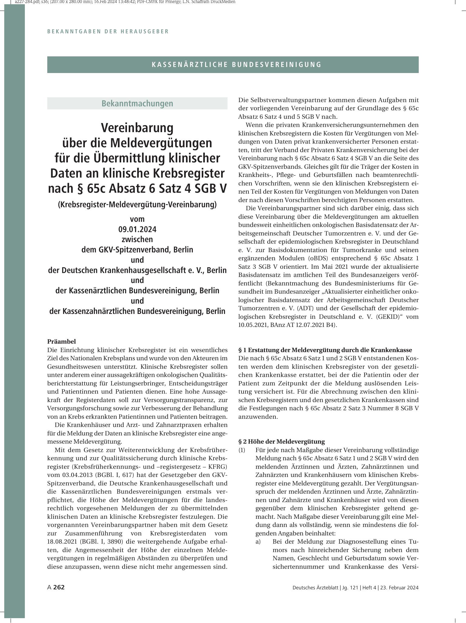 Vorschauseite 1: Vereinbarung über die Meldevergütungen für die Übermittlung klinischer Daten an klinische Krebsregister nach § 65c Absatz 6 Satz 4 SGB V (Krebsregister-Meldevergütung-Vereinbarung…