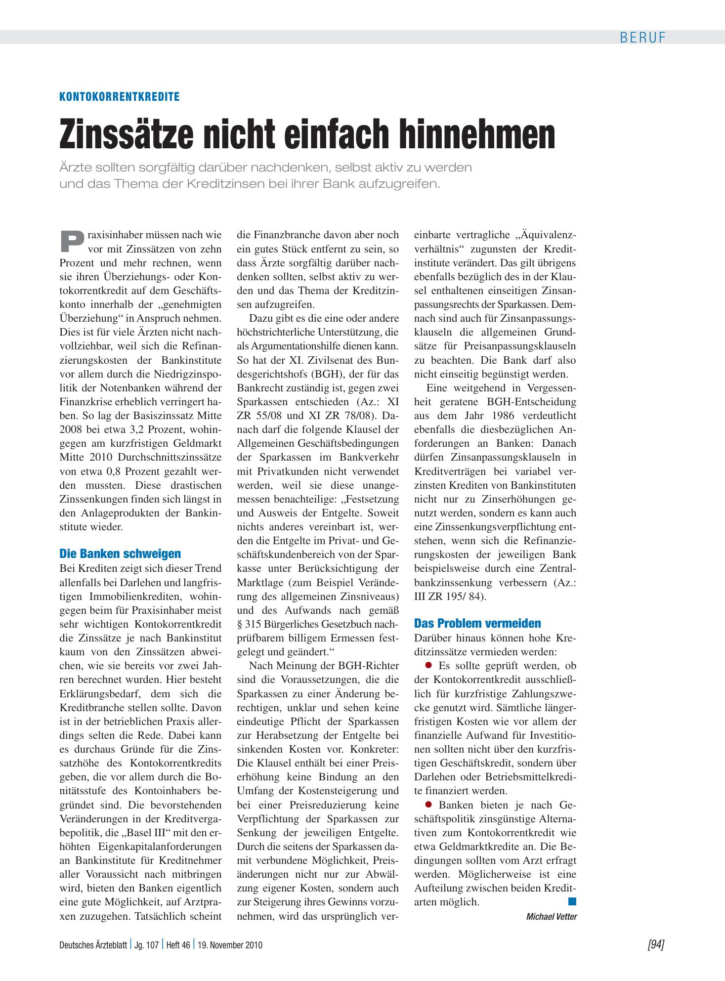 Vorschauseite 1: Kontokorrentkredite: Zinssätze nicht einfach hinnehmen – Deutsches Ärzteblatt