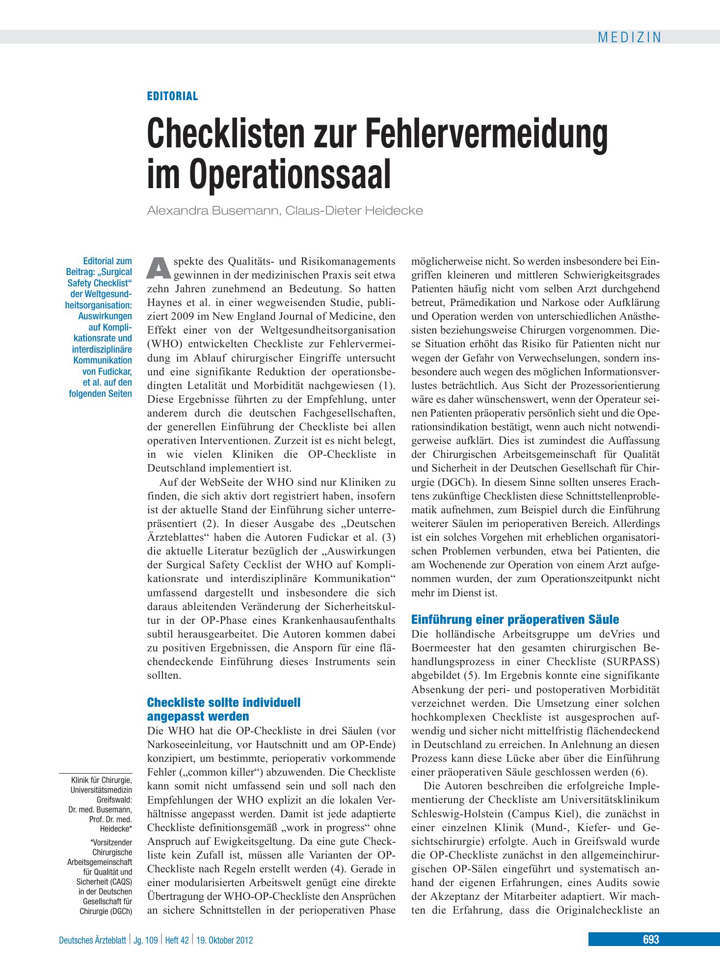 Vorschauseite 1: „Surgical Safety Checklist“ der Weltgesundheitsorganisation – Deutsches Ärzteblatt
