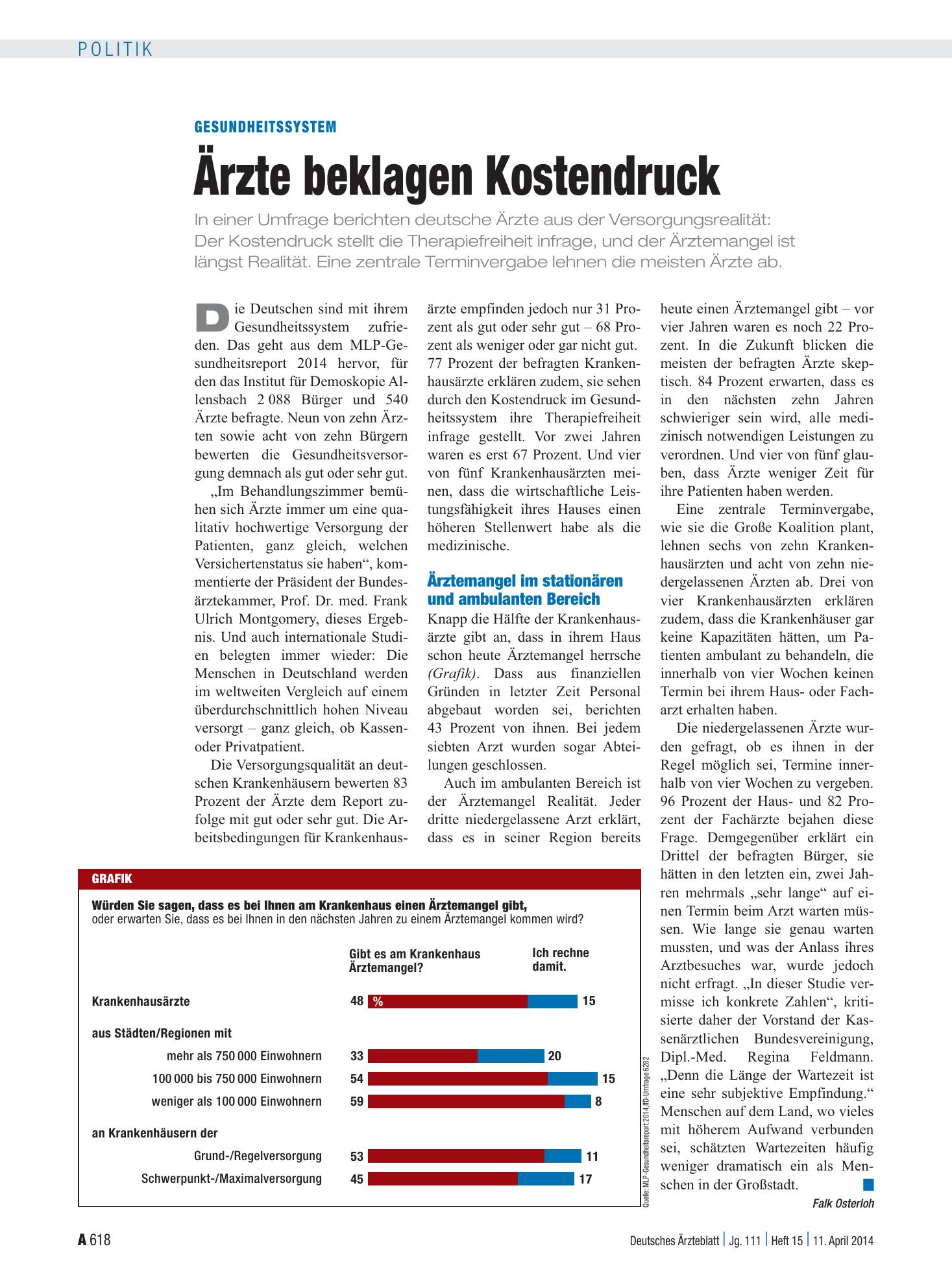 Vorschauseite 1: Gesundheitssystem: Ärzte beklagen Kostendruck – Deutsches Ärzteblatt