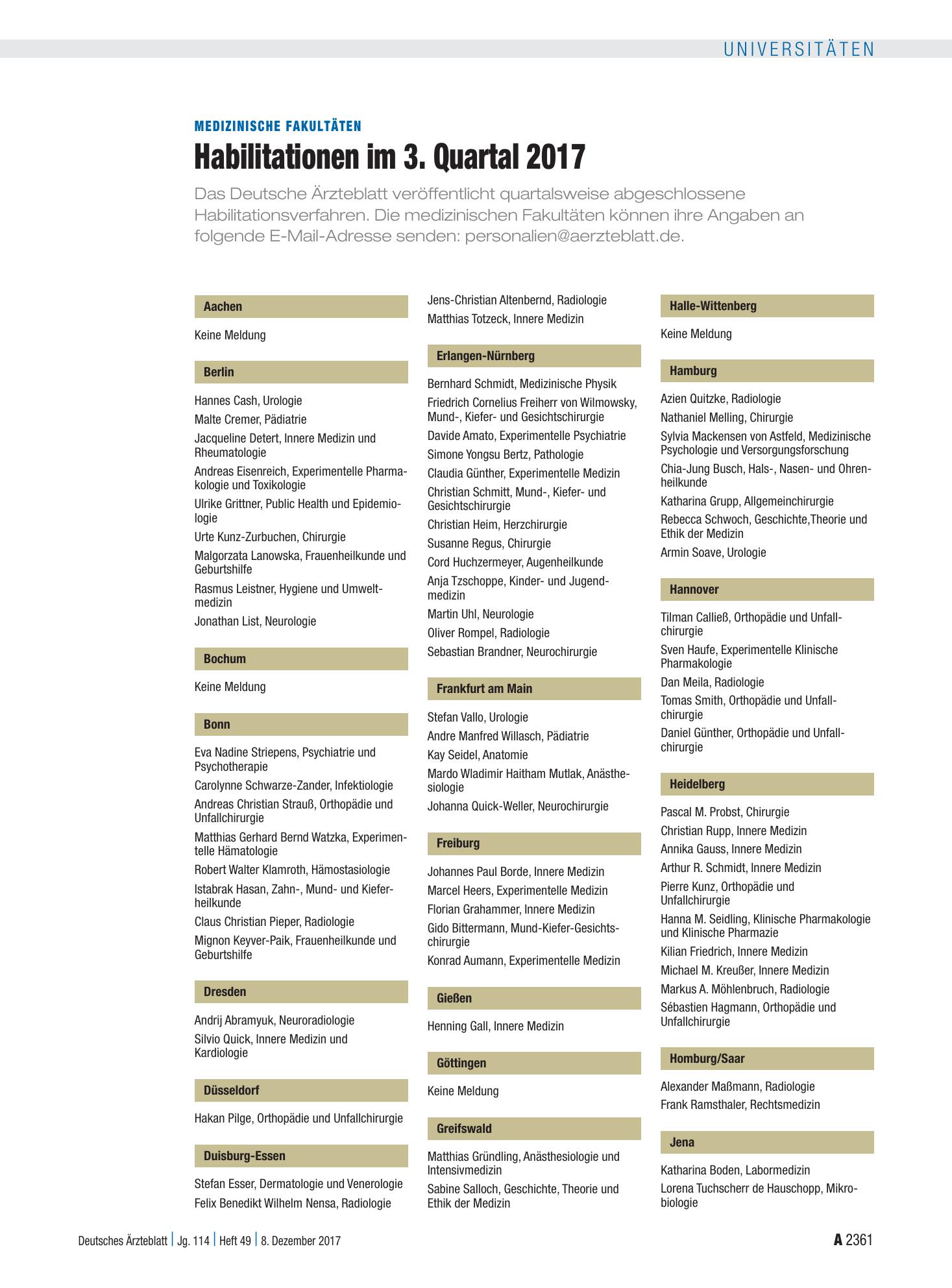 Vorschauseite 1: Medizinische Fakultäten: Habilitationen im 3. Quartal 2017 – Deutsches Ärzteblatt