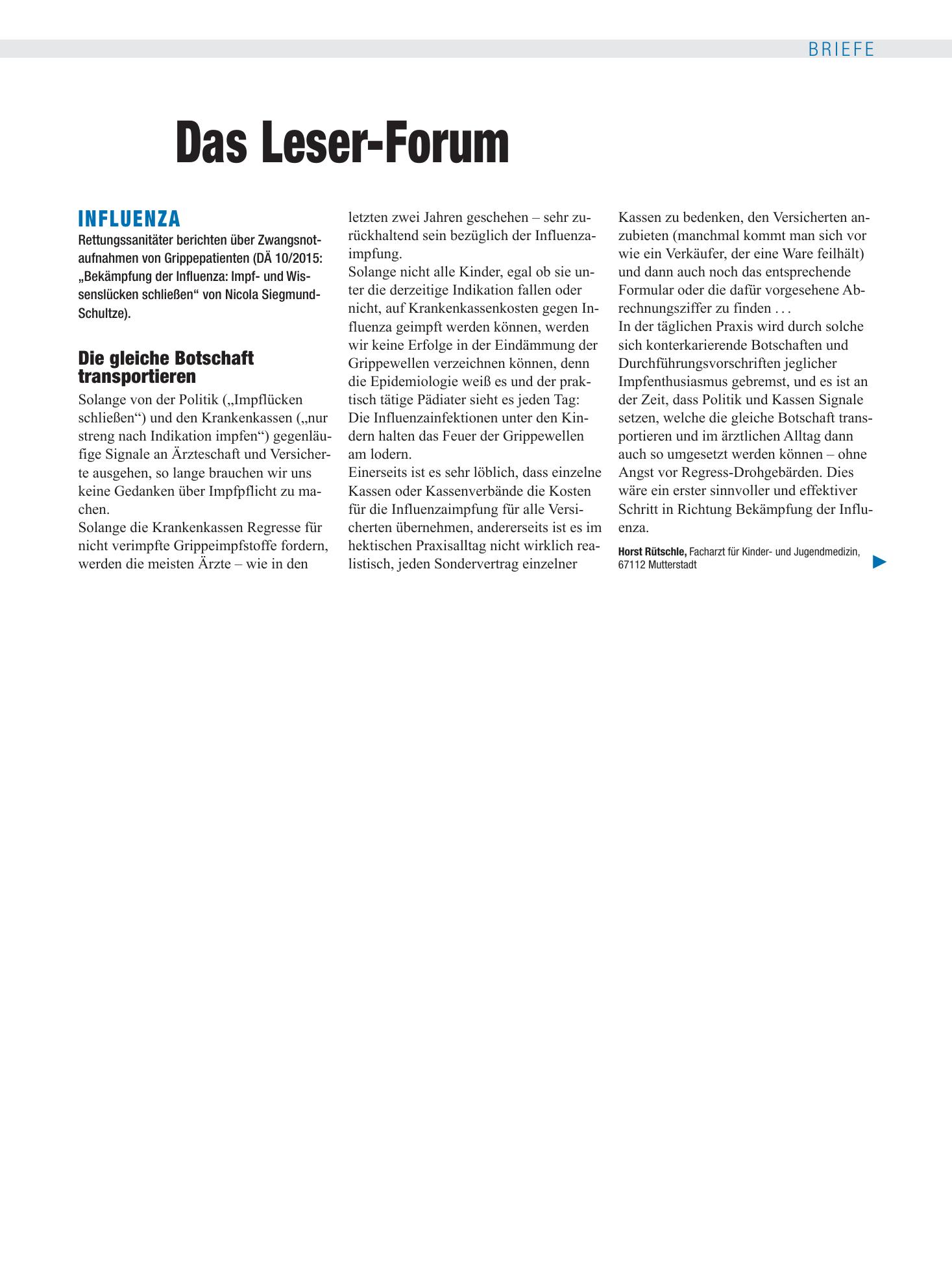 Vorschauseite 1: Influenza: Die gleiche Botschaft transportieren – Deutsches Ärzteblatt