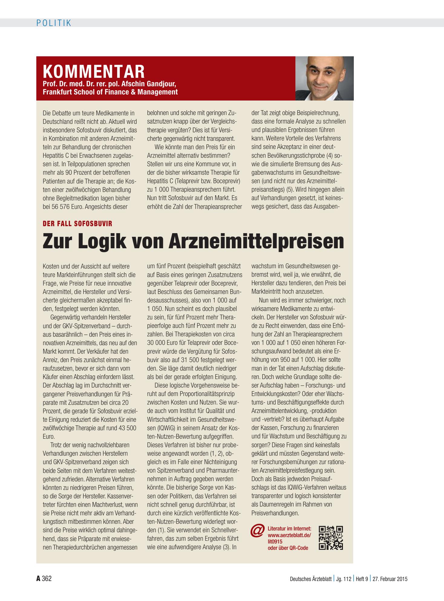 Vorschauseite 1: Der Fall Sofosbuvir: Zur Logik von Arzneimittelpreisen – Deutsches Ärzteblatt