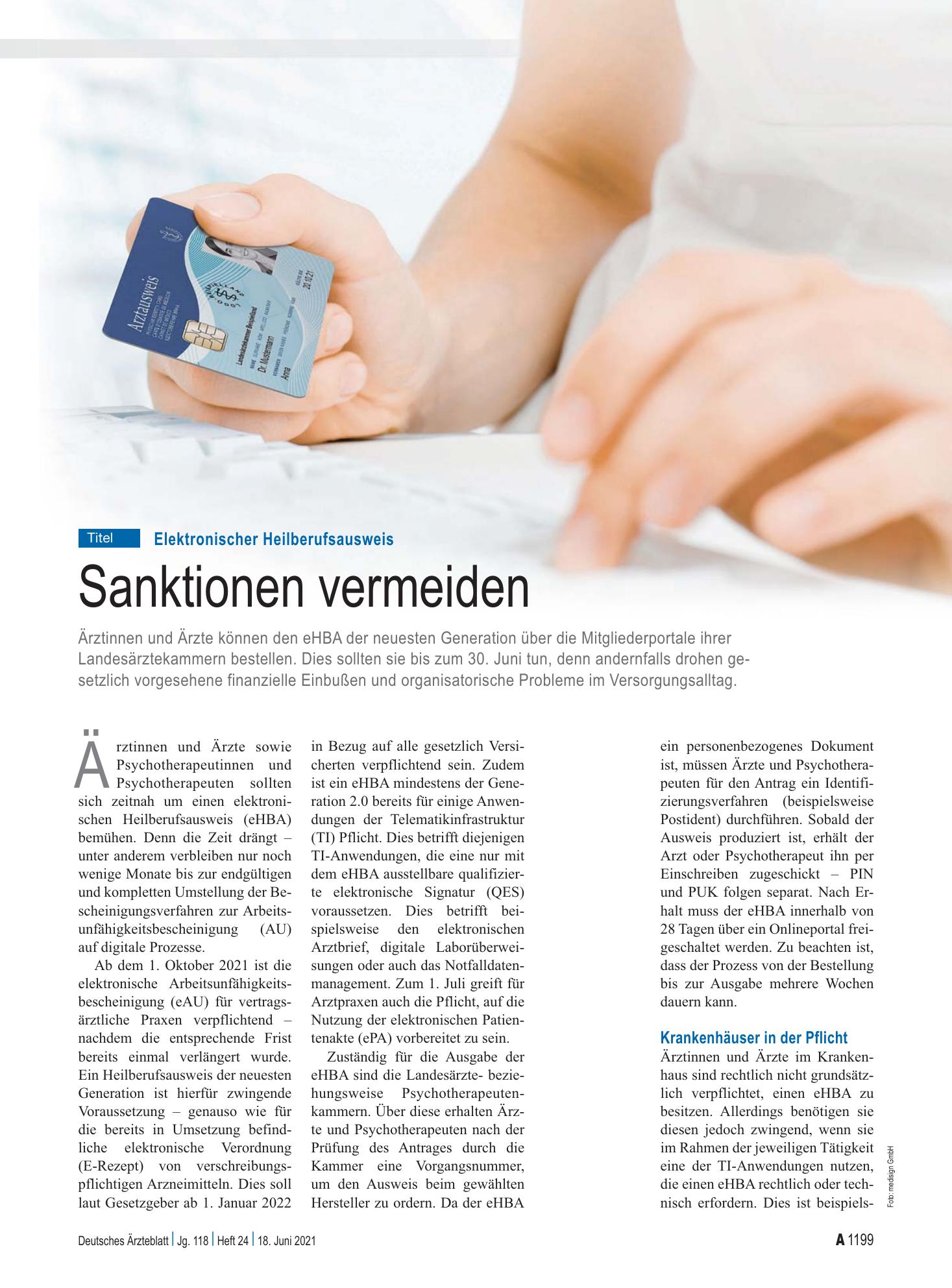Vorschauseite 1: Elektronischer Heilberufsausweis: Sanktionen vermeiden – Deutsches Ärzteblatt