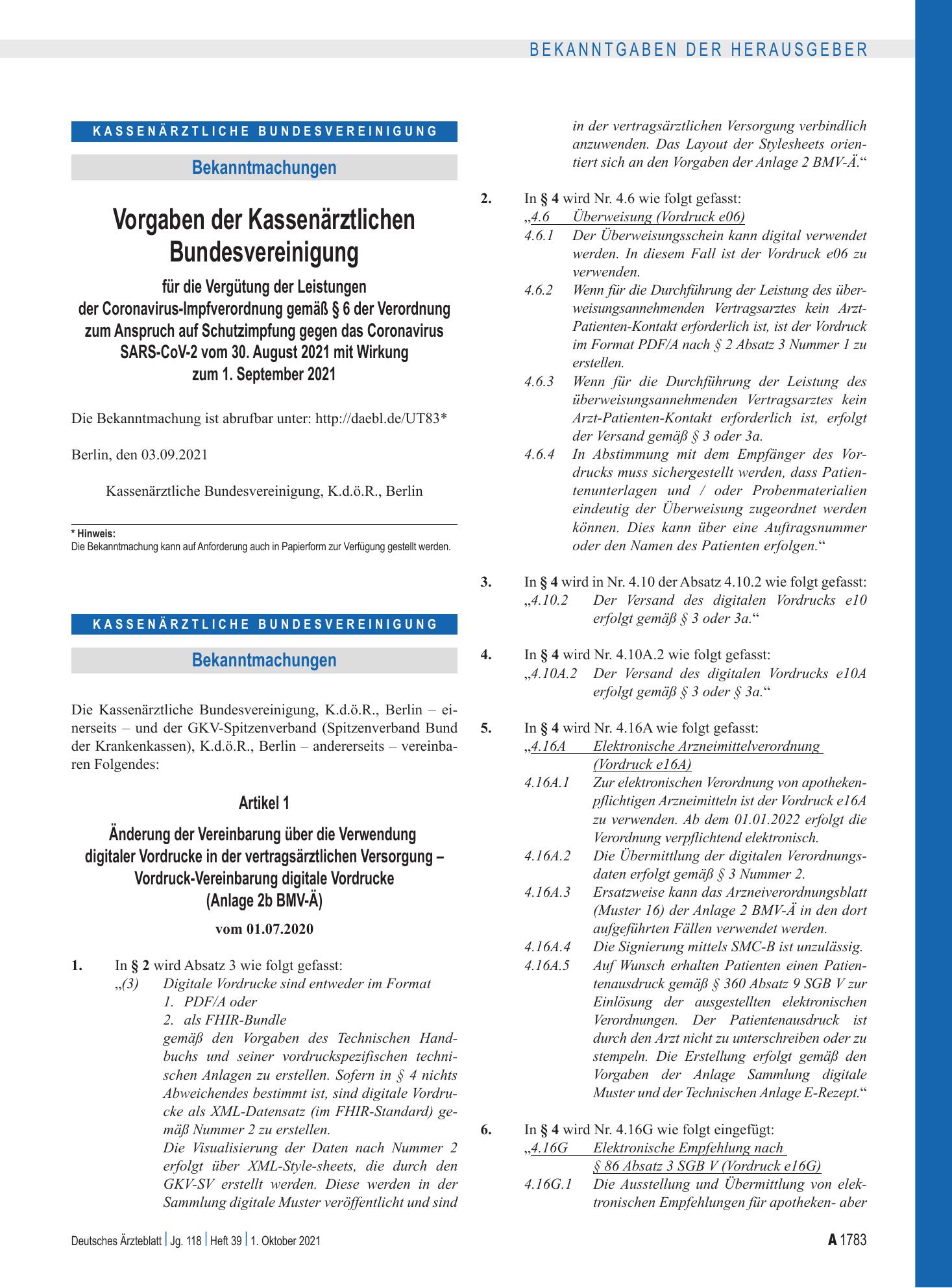 Vorschauseite 1: Änderung der Vereinbarung über die Verwendung digitaler Vordrucke in der vertragsärztlichen Versorgung – Vordruck-Vereinbarung digitale Vordrucke (Anlage 2b BMV-Ä) – Deutsches Ärz…