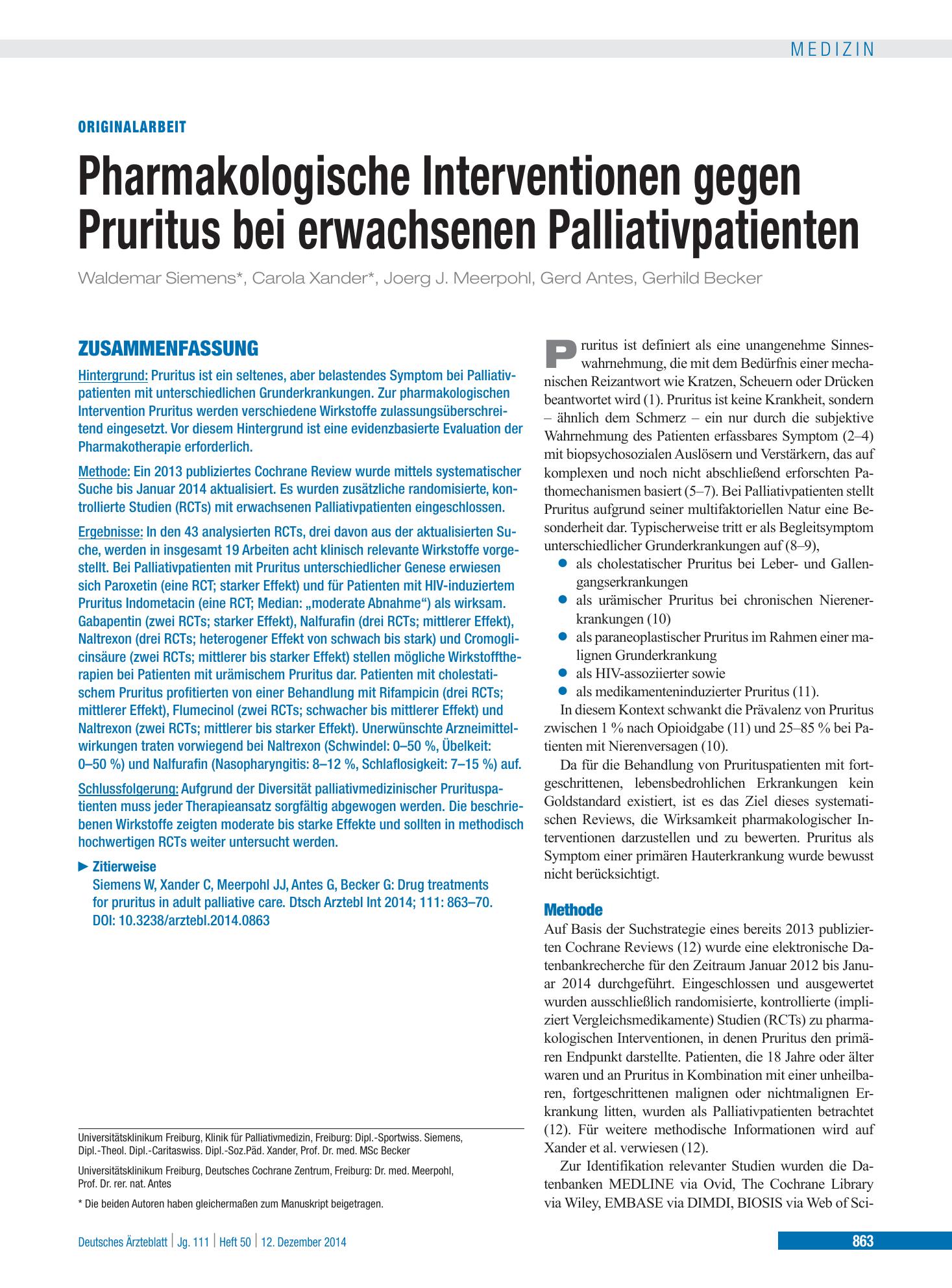 Vorschauseite 1: Pharmakologische Interventionen gegen Pruritus bei erwachsenen Palliativpatienten – Deutsches Ärzteblatt